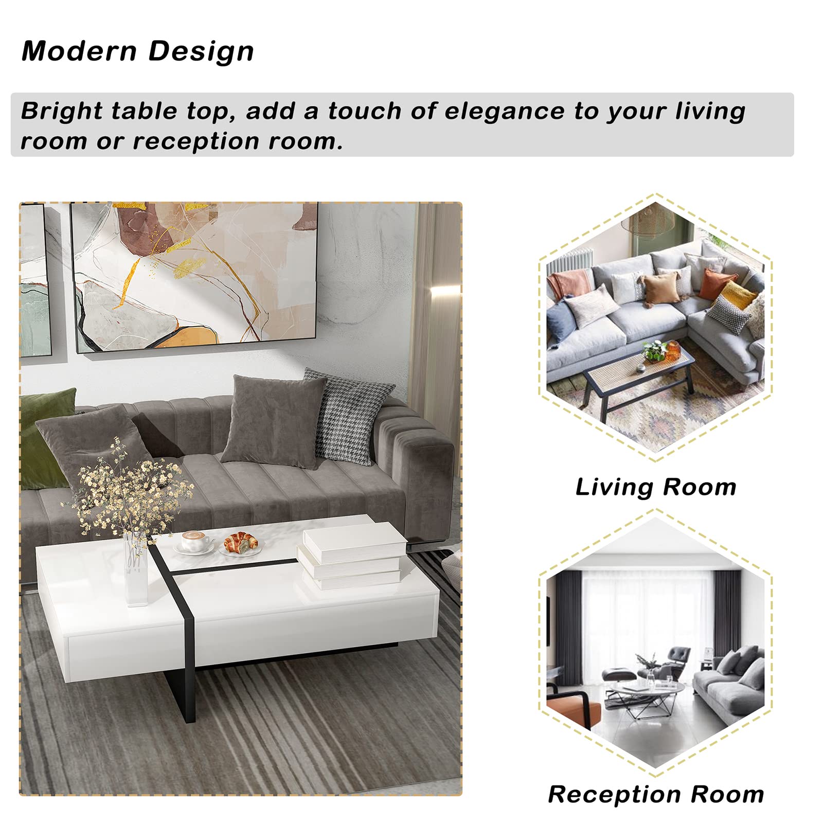 Modern Rectangle Coffee Table with Unique Design - High Gloss Cocktail Table for Living Room - 45.2 x 25.5 x 13.7 Inches Center Table for Sofa or Lounge Chairs - Easy Assembly - Perfect for Small Spaces, Apartments & Contemporary Home Decor