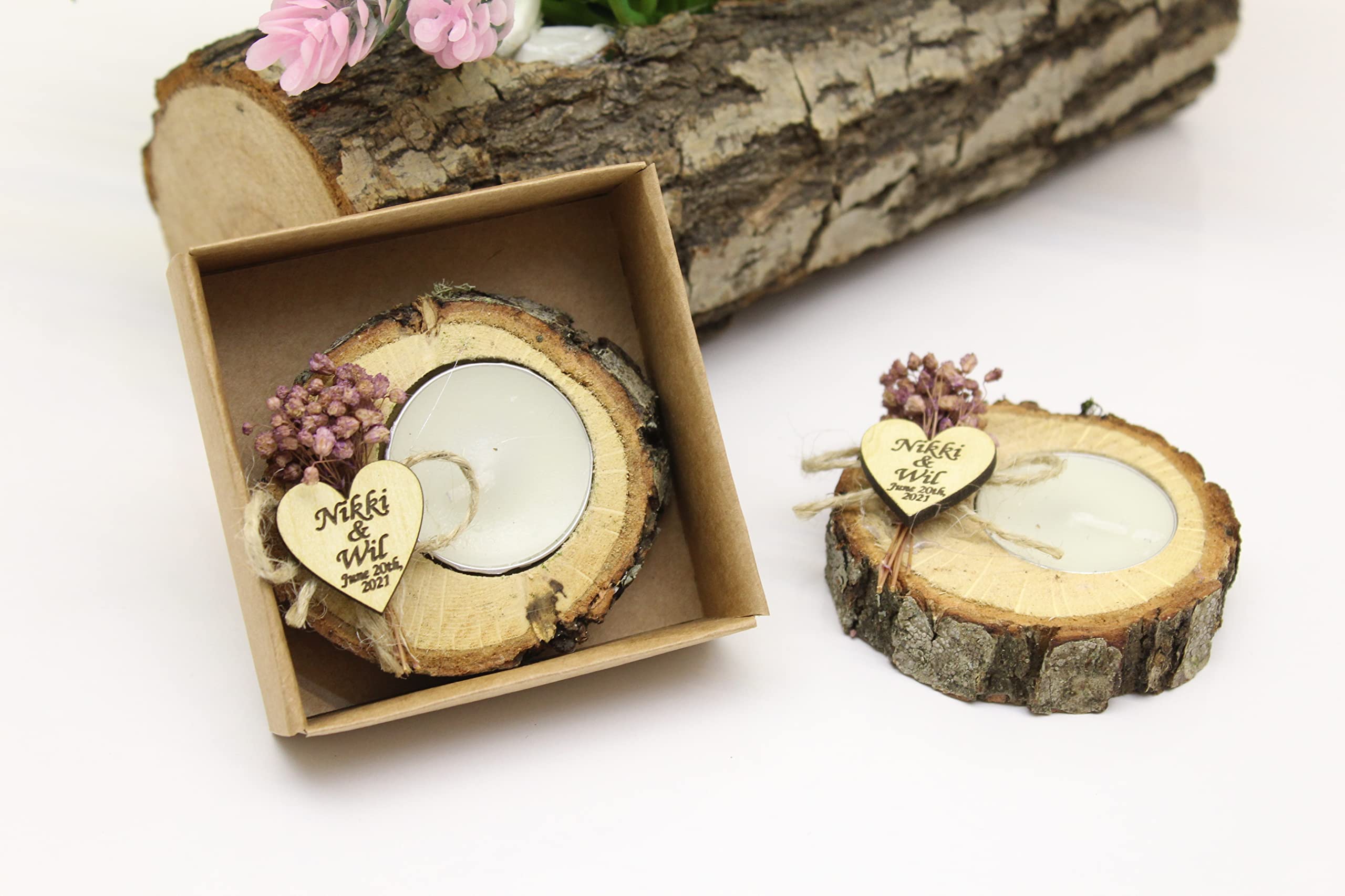 50 Pcs Personalized Wooden Log Candle Holders - Wedding Favors for Guests, Memorial Candles, Tealight Holders - Rustic Home Decor for Weddings, Bridal Showers, Sympathy Gifts & Memorial Services