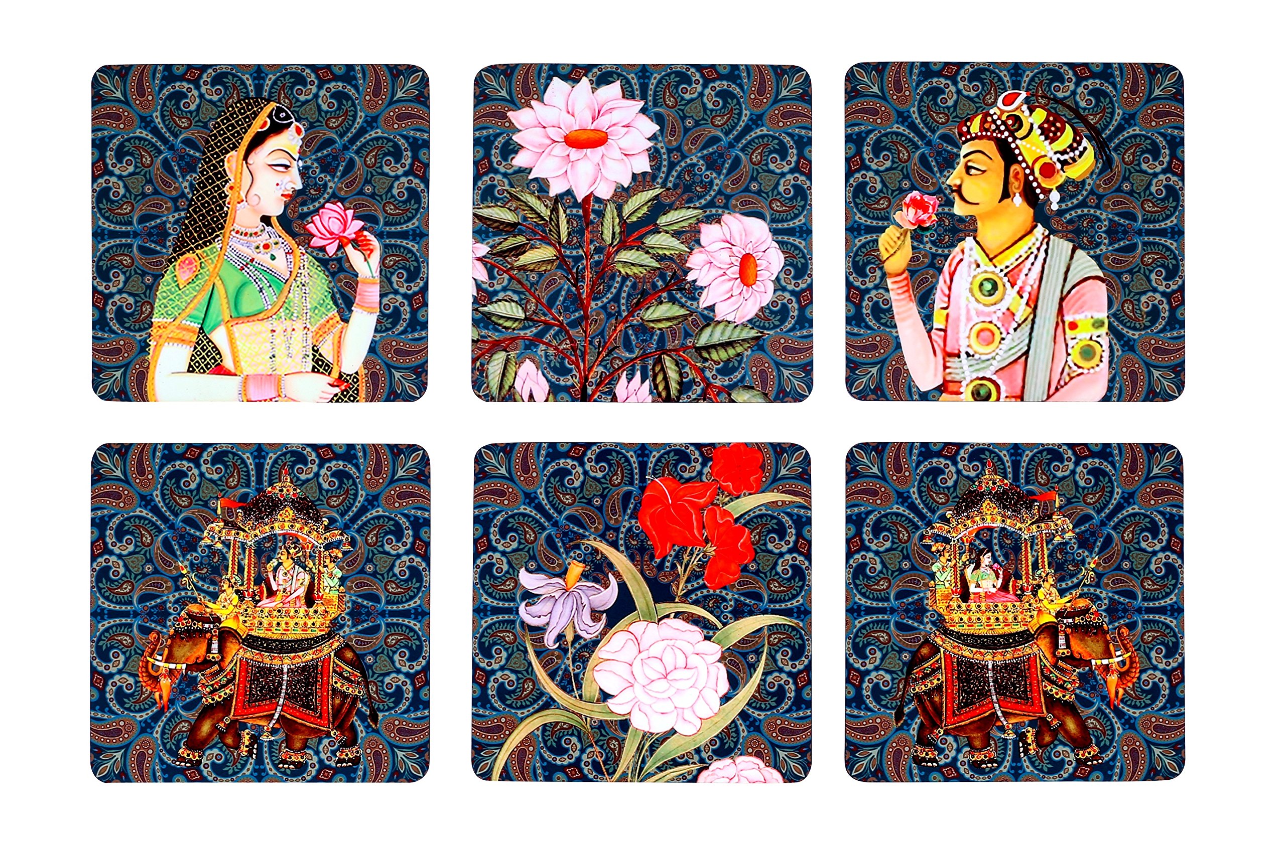 Premium Absorbent Coasters Set with Raja Rani Design - 6 Pack Cork Drink Coasters for Home, Office & Bar - Protect Tables from Water Rings & Stains