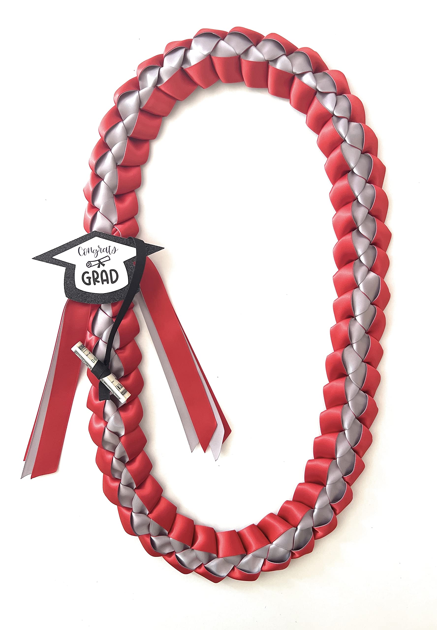 Graduation Money Leis with Holder - Red & Silver Hawaiian Style for Graduation Parties, Gifts & Celebrations