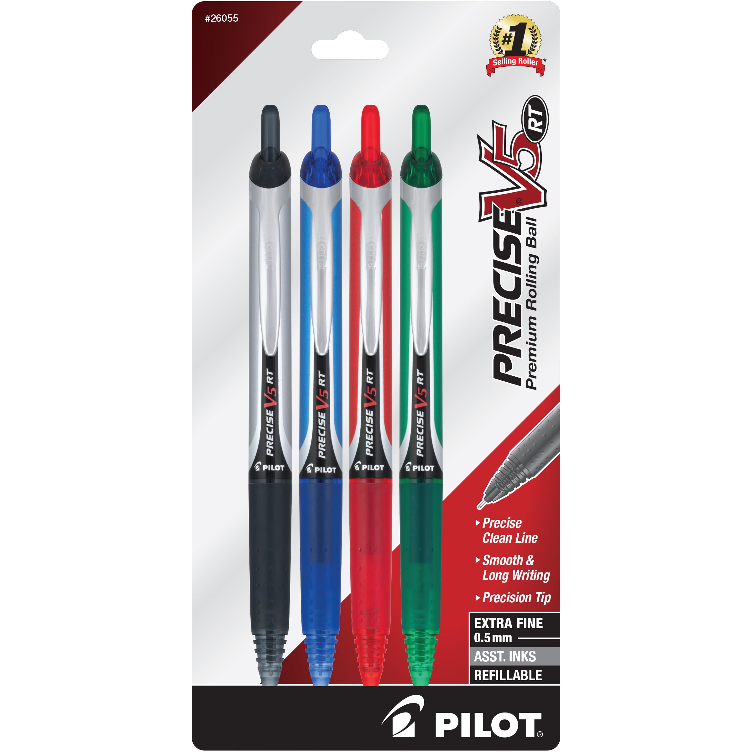 Pilot Precise V5 RT Refillable Retractable Rolling Ball Pens - Extra Fine 0.5mm Tip - Black Blue Green Red Ink - 4 Pack - Perfect for Office Work, Note Taking & Journaling