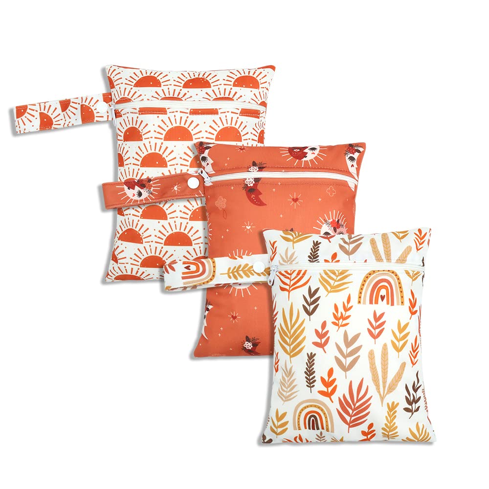 Waterproof Reusable Wet Dry Bags for Baby Cloth Diapers & Swimwear - 3-Pack Washable Travel Storage Bags (7x9.8 Inch, Leaf Pattern) - Ideal for Gym, Pool, Daycare, Yoga & Beach - Perfect for Wet Clothes, Swimsuits & Soiled Baby Items