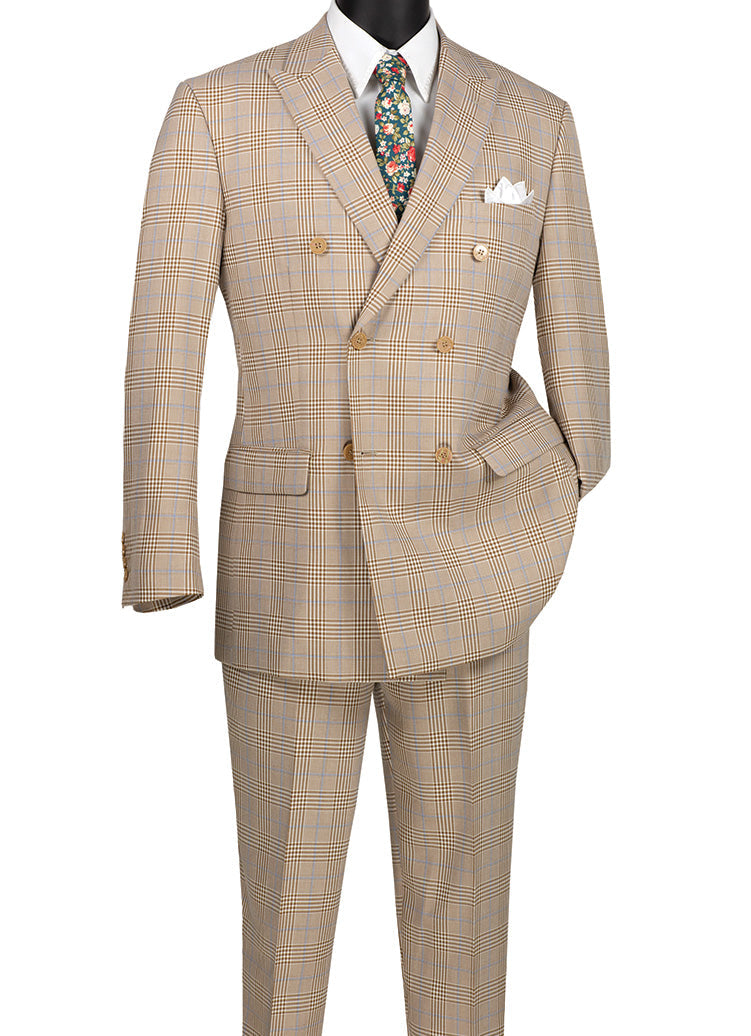 2 Piece Double Breasted Windowpane Suit for Men - Beige Business Formal Attire | DRW 2 | Perfect for Weddings, Office Meetings & Special Occasions
