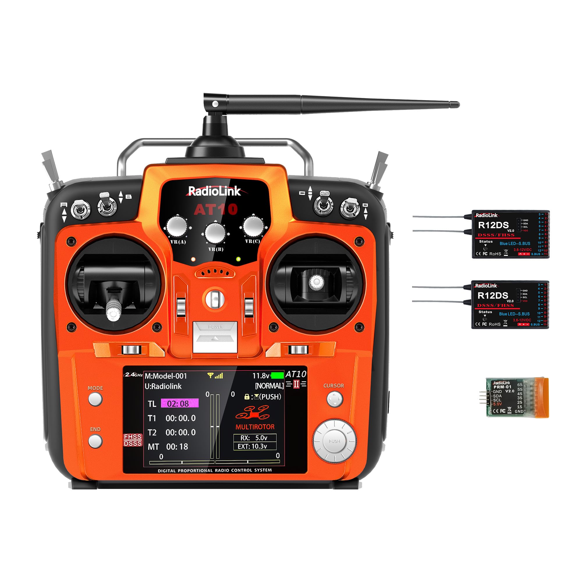Radiolink AT10II 2.4Ghz 12 Channel RC Transmitter with 2 R12DS Receivers - Long Range Radio Controller for RC Airplanes, Drones, FPV, Quadcopters & Helicopters (Mode 2 Left Hand Throttle) | Perfect for Aerial Photography, Racing & Hobby Flying