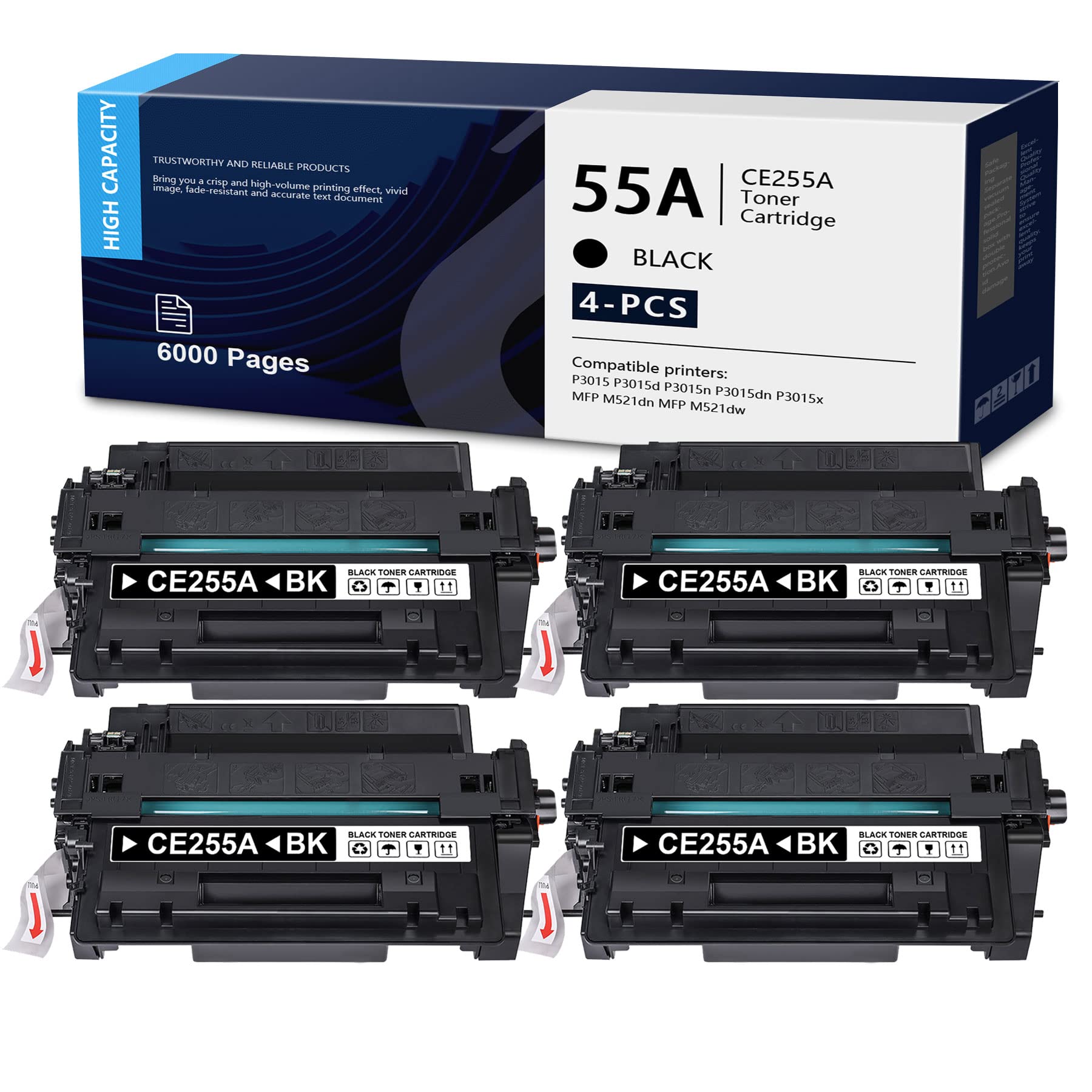DOPHEN 4-Pack CE255A Black Toner Cartridge - Compatible with HP P3015 P3015d P3015n P3015dn P3015x MFP M521dn M521dw M525dn M525f M525c Printers | High-Yield Replacement for CE255A Toner | Perfect for Office & Home Printing Needs