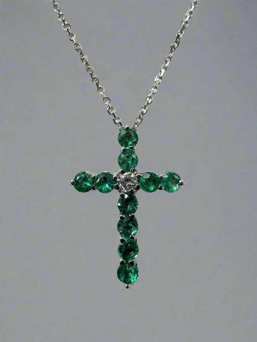 14K White Gold Petite Emerald & Diamond Cross Pendant Necklace for Women - Elegant Gift for Baptism, First Communion & Special Occasions
