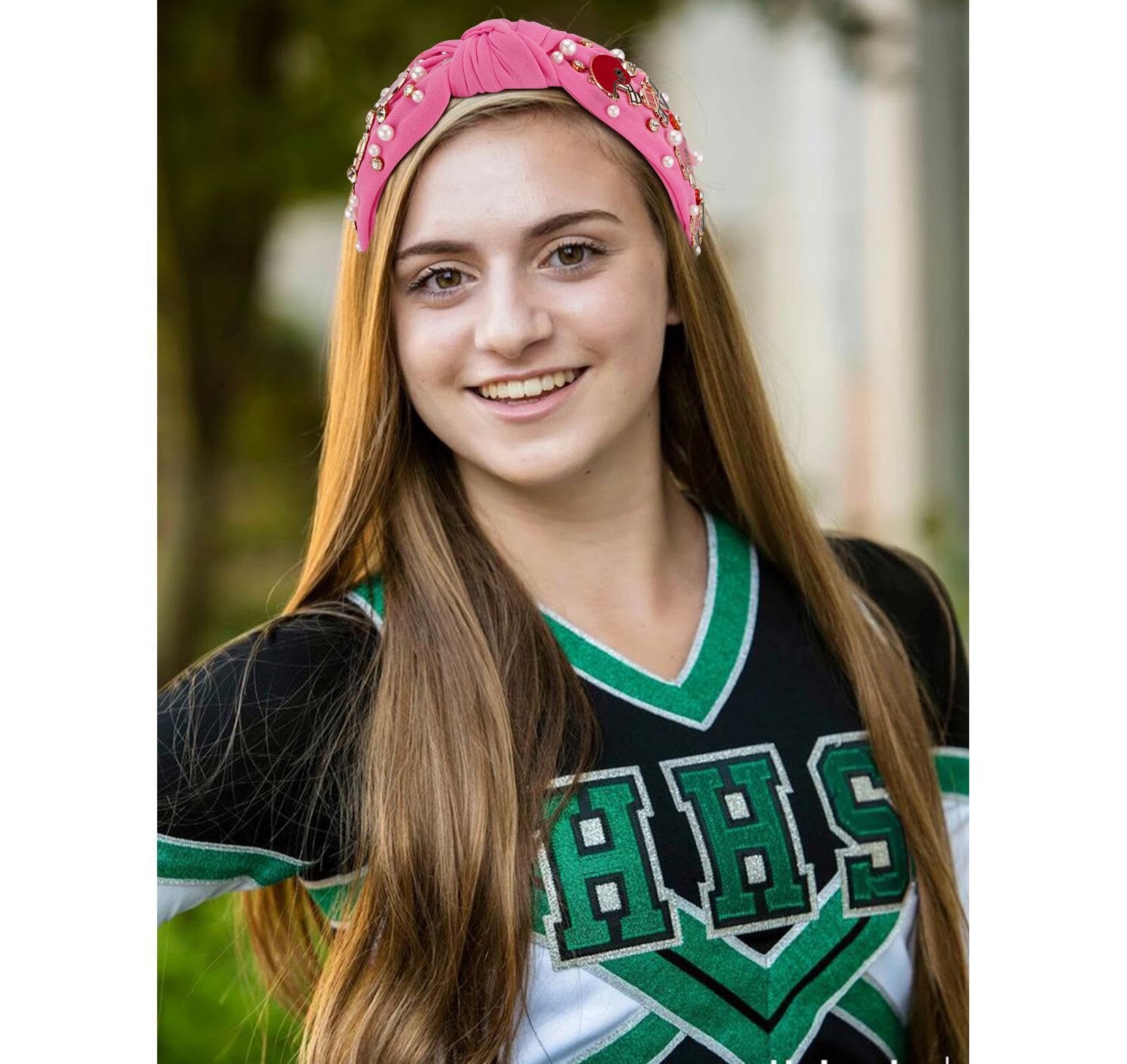 Women's Football Headband - Knotted Pearl Rhinestone Jeweled Hair Accessory for Football Mom Fans | Game Day Outfits & Sports Events (Hot Pink) | Perfect for Cheering, Tailgating & Team Spirit
