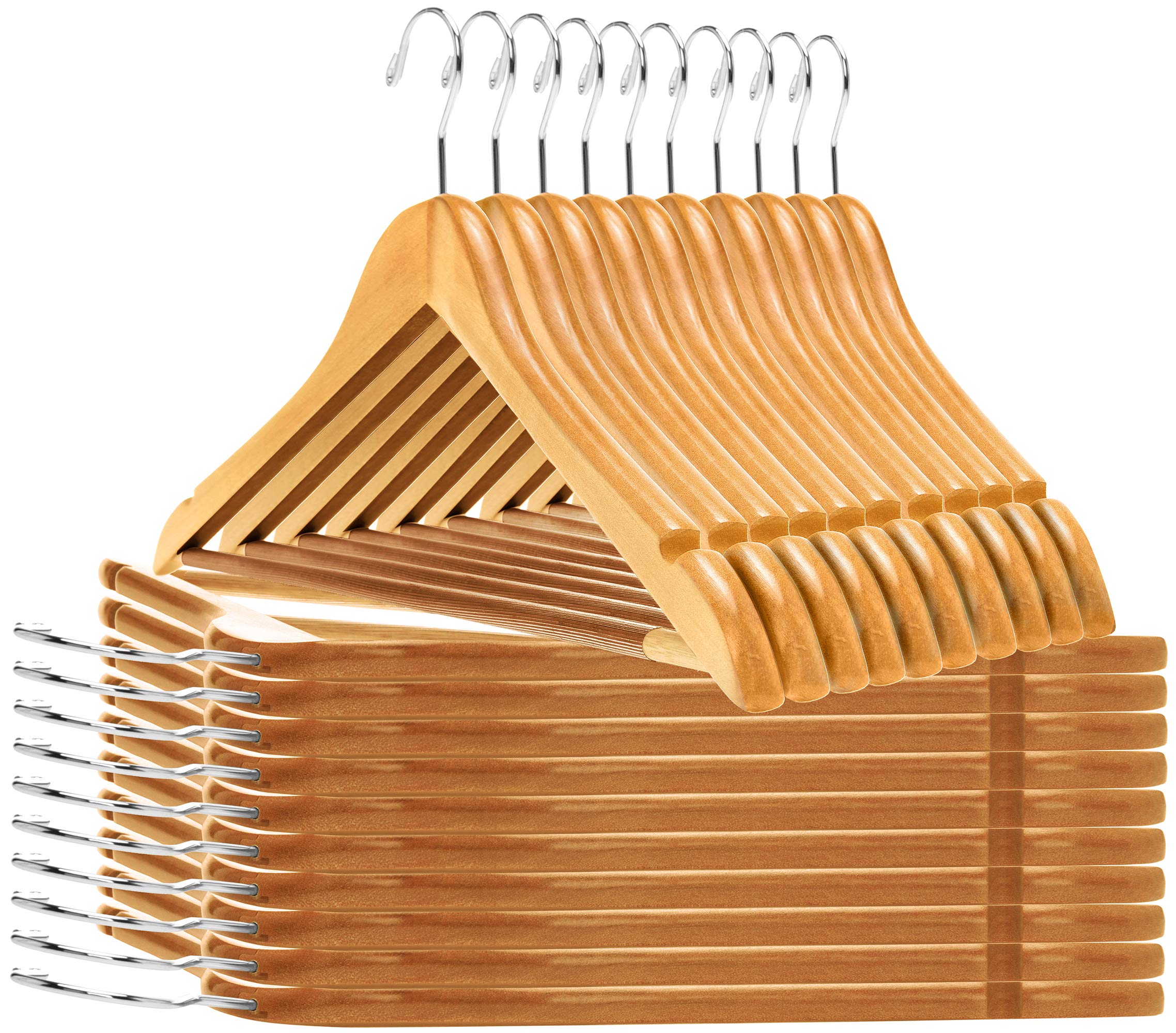 Premium Solid Wooden Hangers - 80 Pack Slightly Curved Coat Hangers with Chrome Hooks - Heavy Duty Clothes Hanger for Jackets, Shirts, Pants & Suits - Natural Wood Closet Organizer for Home, Hotel & Retail Use