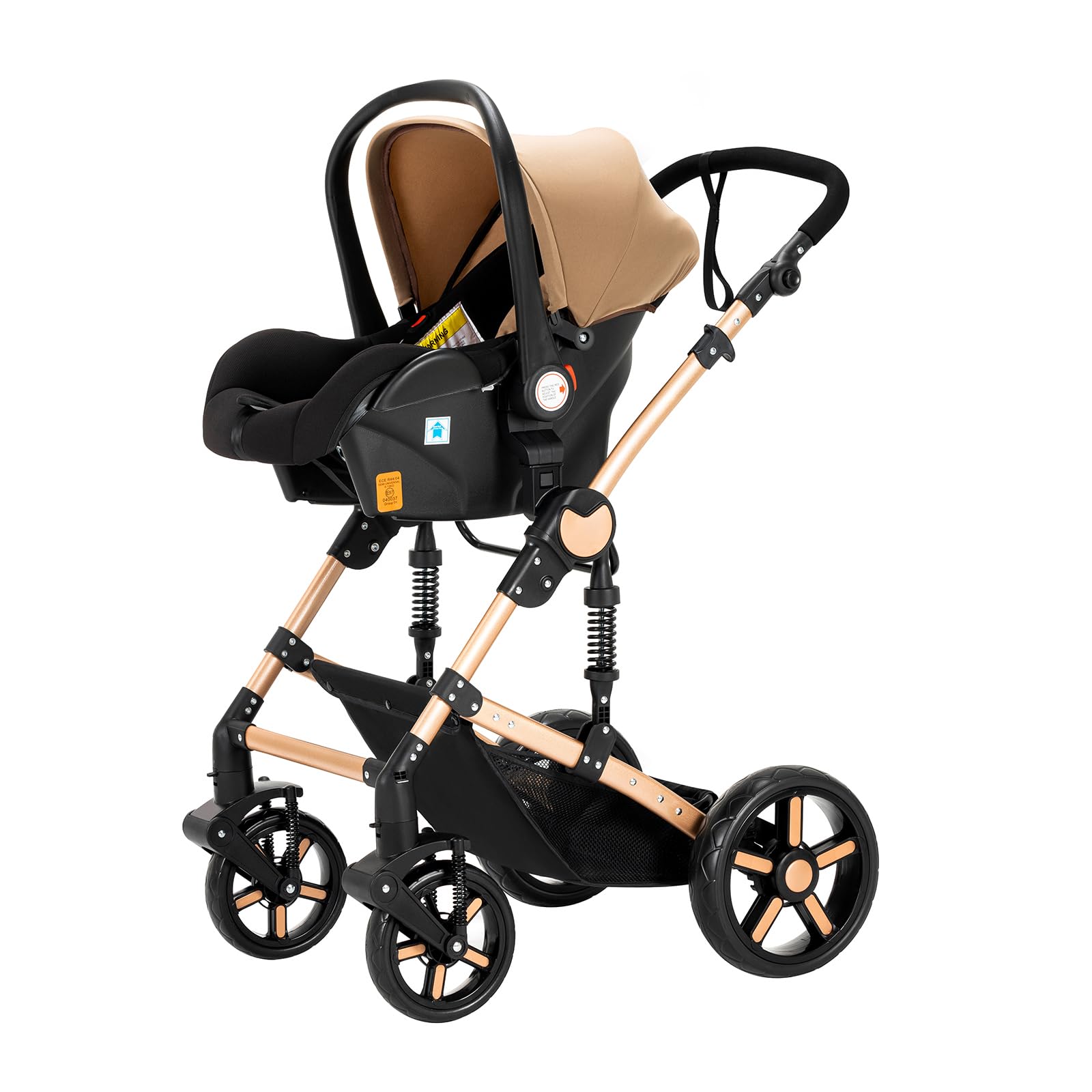3 in 1 Baby Stroller Travel System Combo Set - Reversible Convertible Infant Stroller with One-Click Folding, Lightweight Aluminum Frame Stroller for Newborn & Toddler (UD588-Khaki with Base) | Perfect for Shopping, Travel & Daily Walks