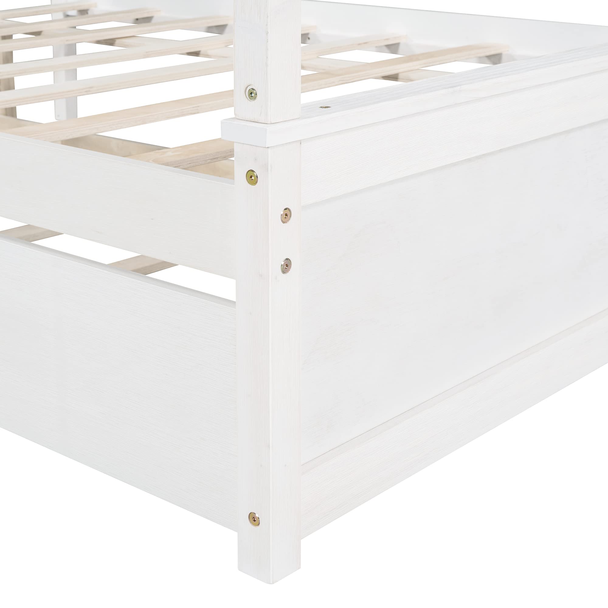 MERITLINE Full Size Canopy Bed with Trundle - Solid Wood Platform Bed Frame with Headboard & Footboard - Modern Slat Support Design for Kids, Teens & Adults - Perfect for Bedrooms, Guest Rooms & Dormitories (White)