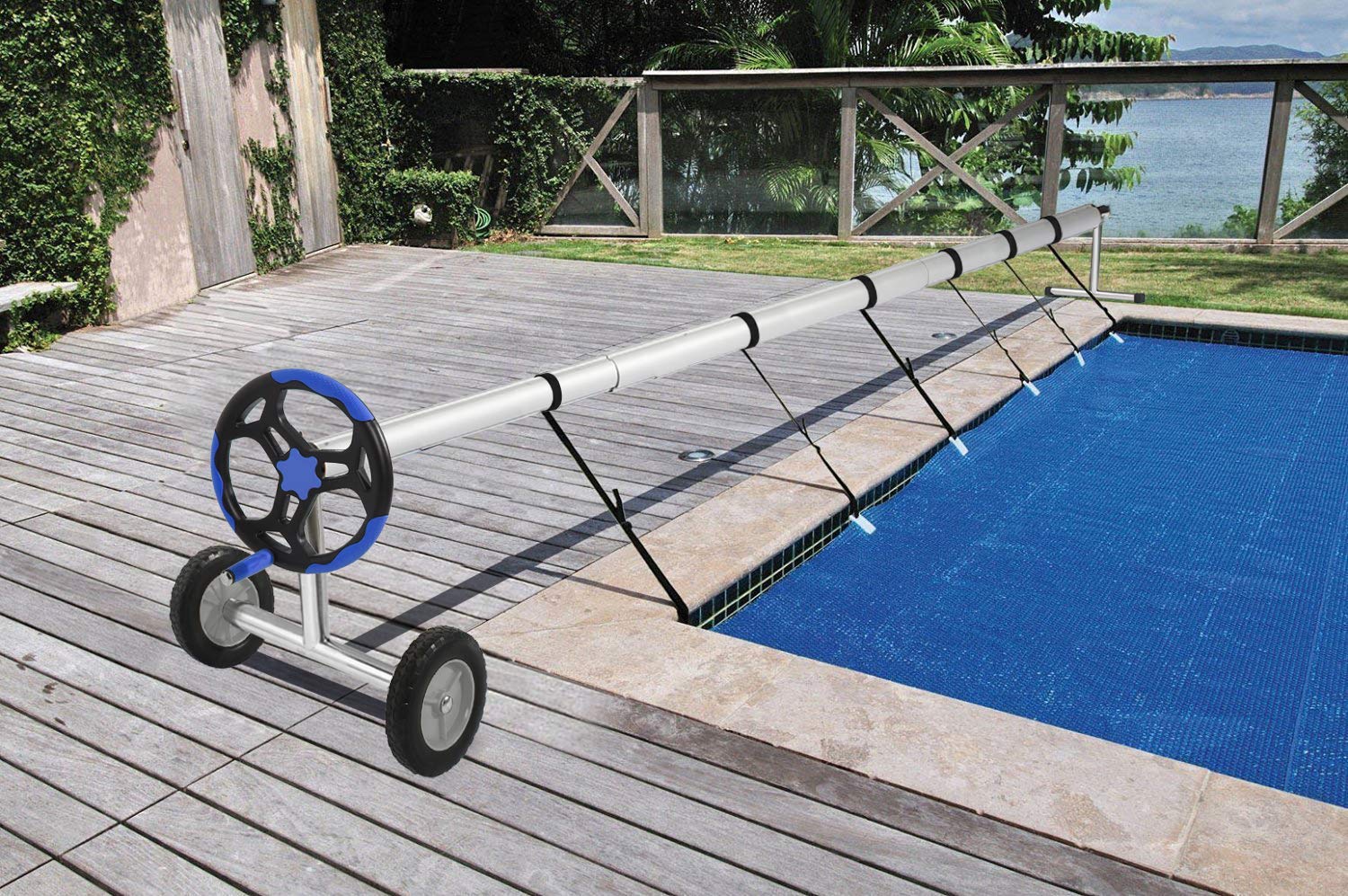 VINGLI 18 FT Solar Pool Cover Reel Set for Inground Pools - Heavy Duty Solar Blanket Roller with Durable Blue Frame - Perfect for Easy Pool Cover Storage and Winter Protection