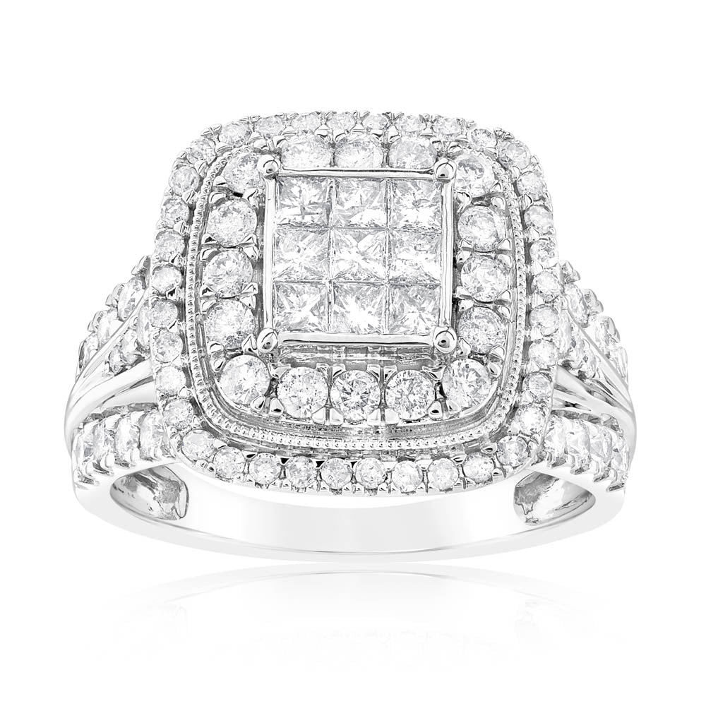 1.40 Carat Diamond Cushion Cluster Ring in 14K White Gold - Elegant Engagement & Wedding Jewelry for Women