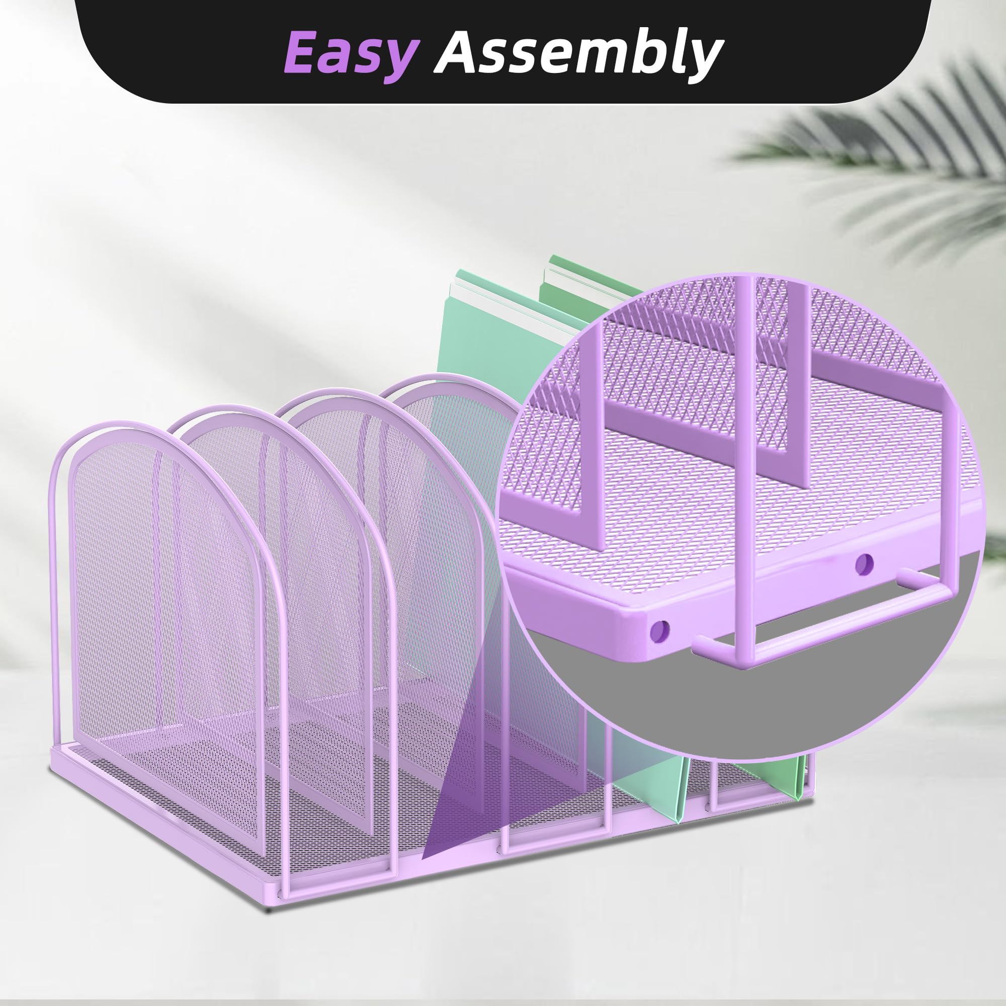 SUPEASY 5-Section Mesh File Organizer - Upright Desktop File Sorter & Office Supplies Holder (Purple) - Perfect for Desk Organization, Document Sorting, and Office Storage Solutions