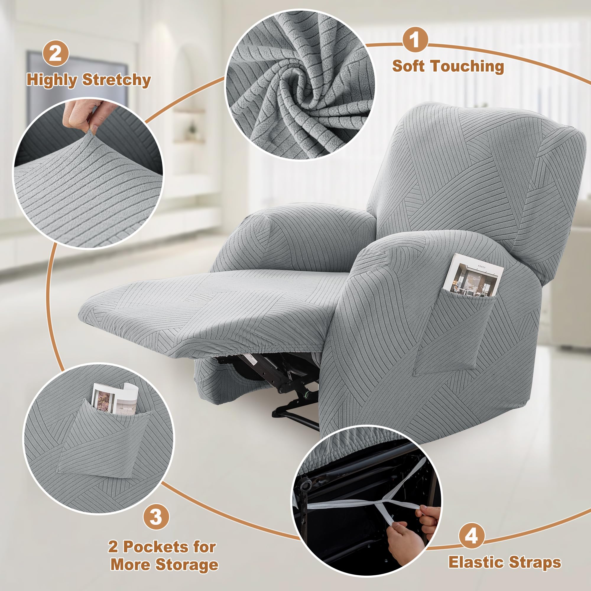 **Stretch Recliner Covers 4-Piece Set - Universal Fit for Lazy Boy & Recliner Chairs, Sofa Protector with 2 Pockets - Light Gray - Perfect for Pets, Kids & Home Decor**    *(Use Case: Ideal for protecting furniture from spills, pet hair, and daily wear while adding a stylish touch to your living room or family space.)*