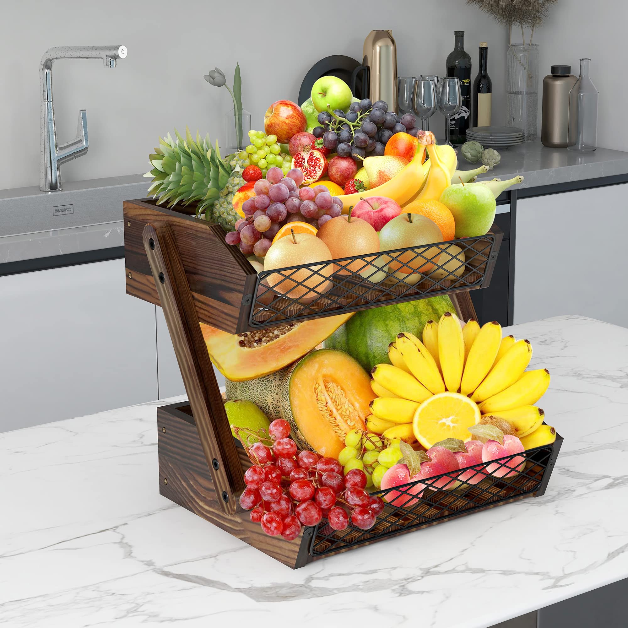 2-Tier Wooden Fruit Basket for Kitchen Counter - Multi-Purpose Organizer for Fruits, Vegetables & Bread | Perfect for Countertop Storage, Pantry Organization & Dining Table Decor