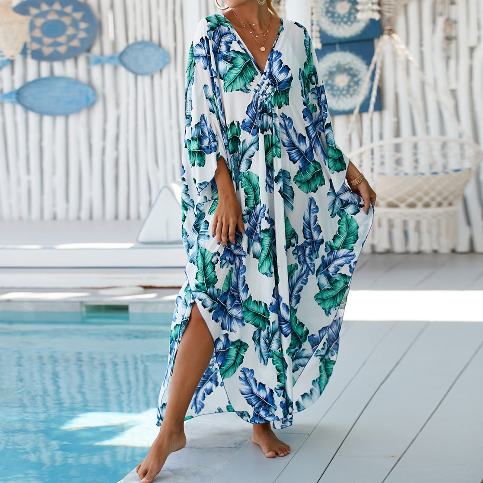 RanRui Women's Floral Kaftan Dresses - Plus Size Wave Neck Boho Muumuu Dress for Beach, Vacation & Summer Outfits