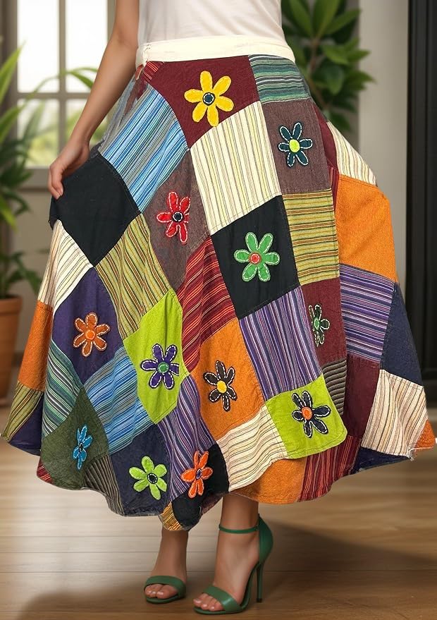 **Agan Traders Women's 2025 Spring & Fall Boho Maxi Skirt - High Waisted Long Skirt with Patchwork & Tie-Up Design, Bohemian Wrap Cover Up for Casual Outings, Beach Vacations & Festivals**
