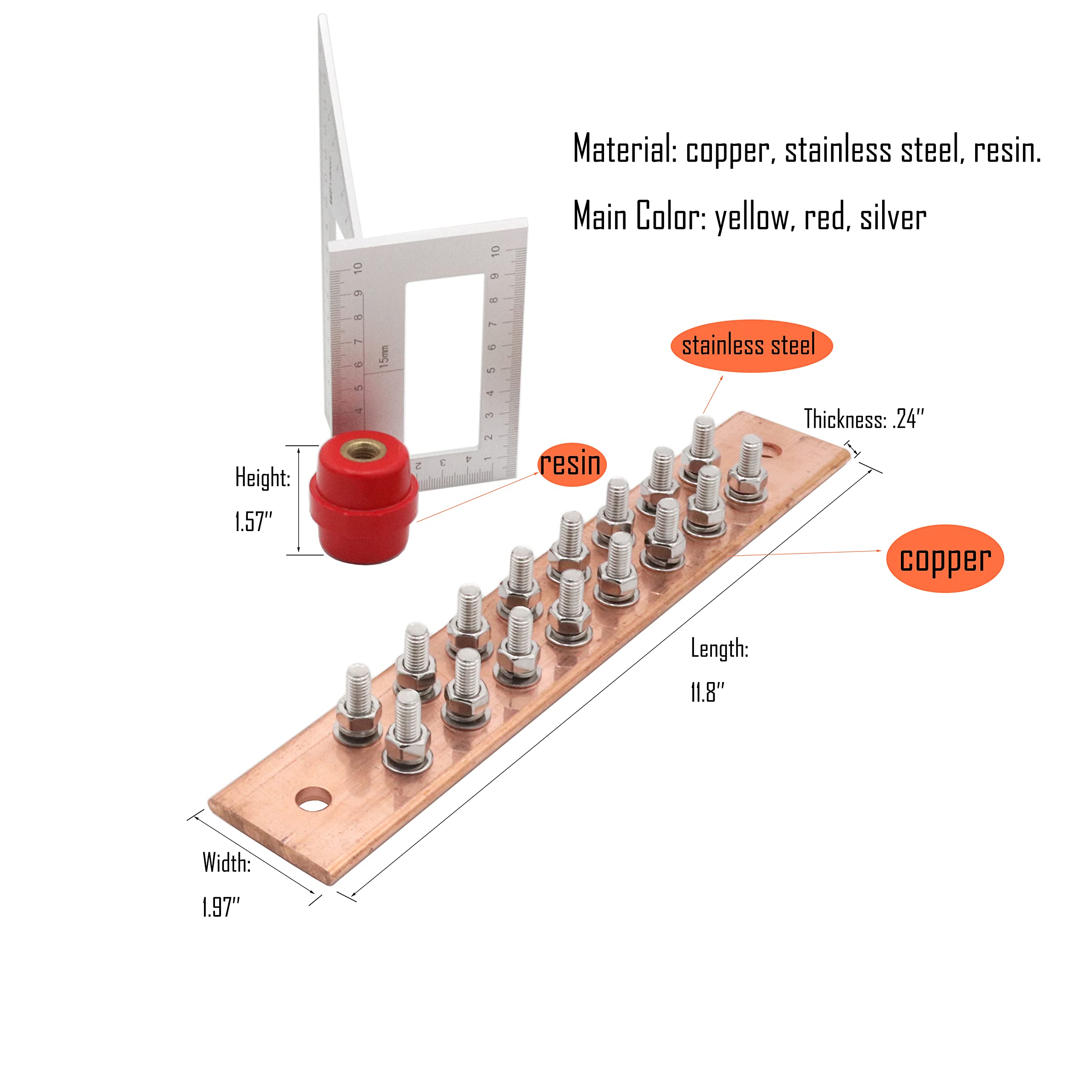 16 Terminal Wall Mount Copper Ground Bar Kit - 0.24
