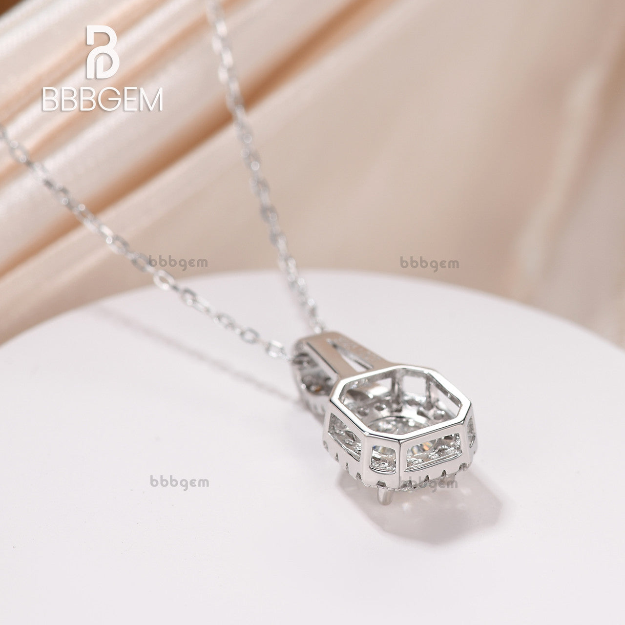 14K White Gold Pave Halo Solitaire Asscher Cut Round Moissanite Drop Pendant Necklace - Elegant Women's Jewelry Gift for Anniversary, Birthday & Special Occasions
