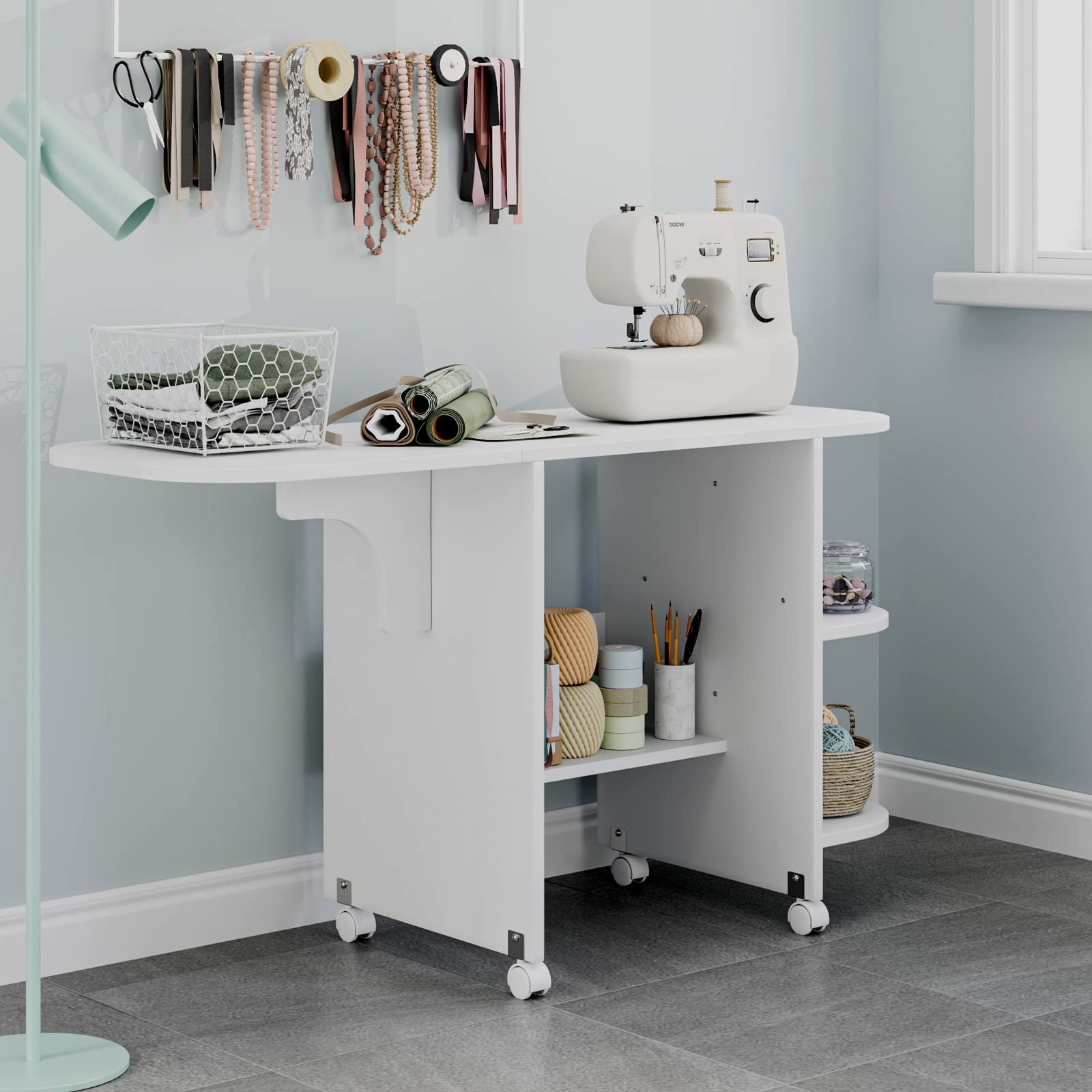 Foldable Sewing Table with Storage Shelves & Wheels - Portable Sewing Machine Table with Brakes, Compact Design, Easy Assembly in Warm White - Perfect for Quilting, Crafting & DIY Projects in Small Spaces
