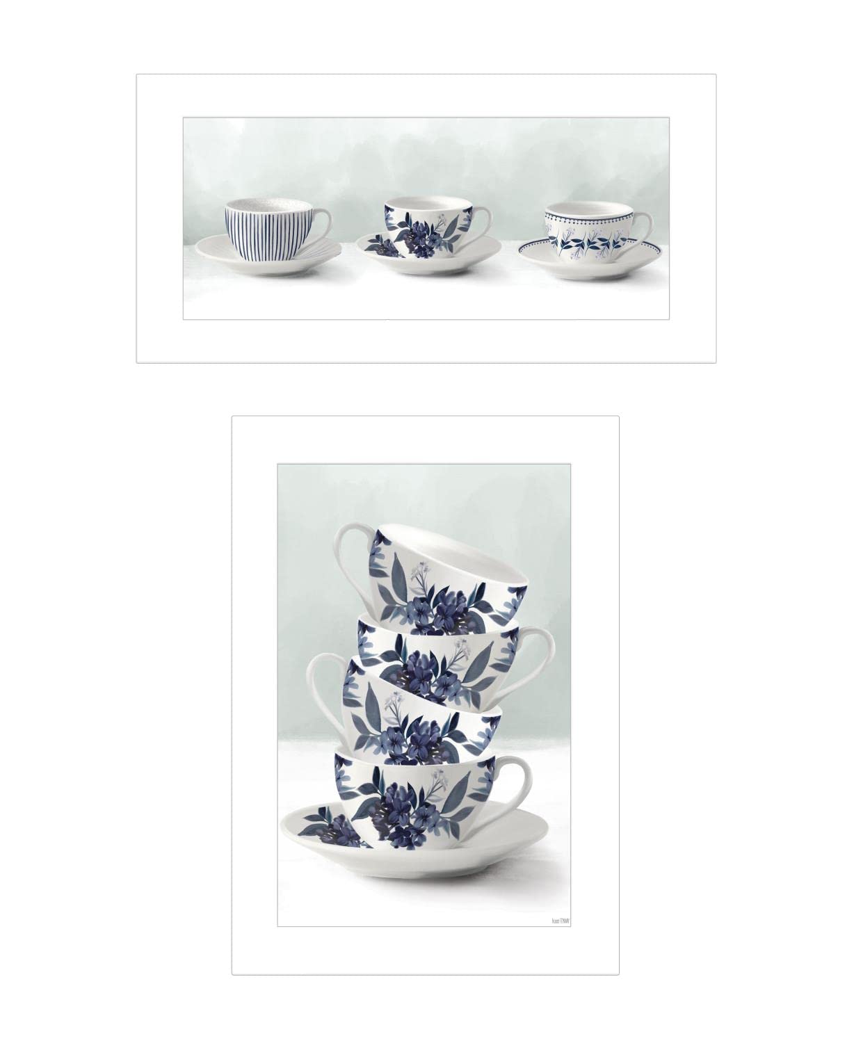 Artisan House Fenway White Framed Tea Tower with Cups & Saucers - Multi-Color Vignette Print for Afternoon Tea & Home Decor