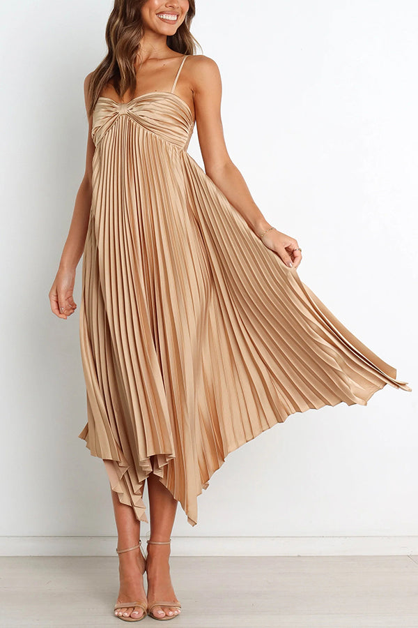 Elegant Solid Color Sexy Suspender Pleated Midi Dress for Women - Trendy Irregular Hem Party & Date Night Outfit