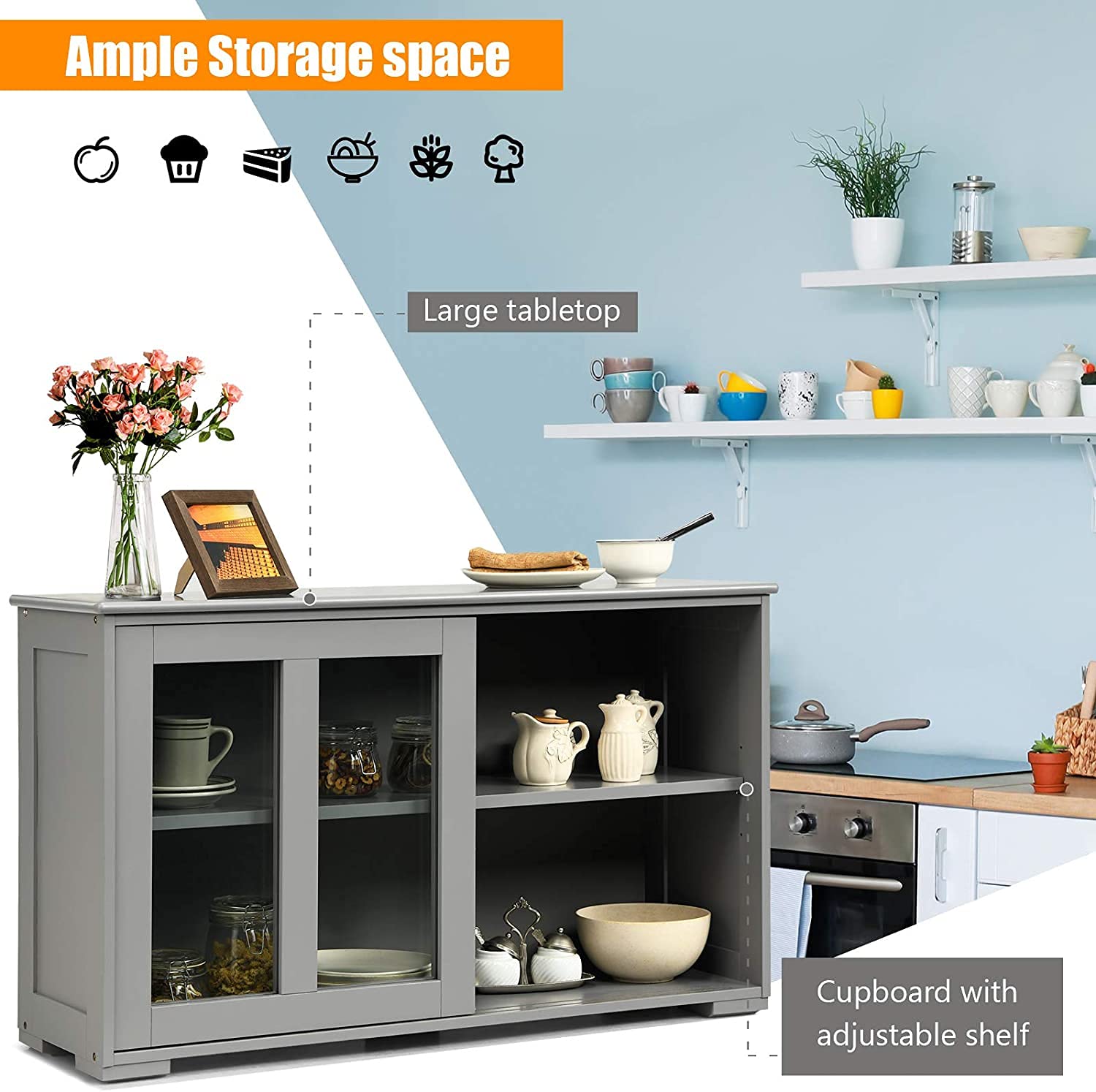 Grey Wooden Sideboard Buffet Cabinet with Adjustable Shelf & Glass Sliding Doors - Stackable Cupboard Storage Table, Coffee Bar Credenza for Kitchen, Dining Room, Living Room & Entryway - Perfect for Home Organization & Entertaining Guests