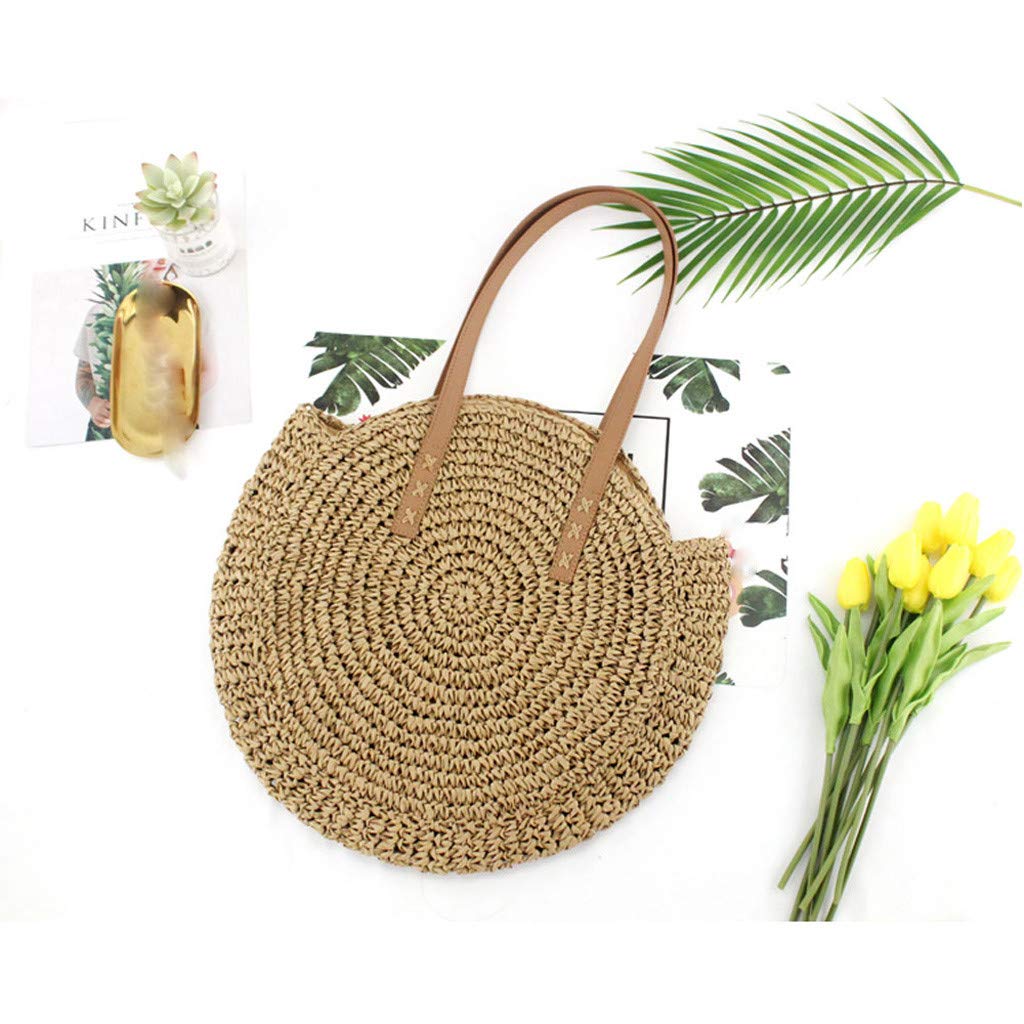 HHmei Vintage Round Straw Handbag for Women - Summer Beach Tote, Boho Shoulder Bag for Casual Outings, Picnics & Vacations