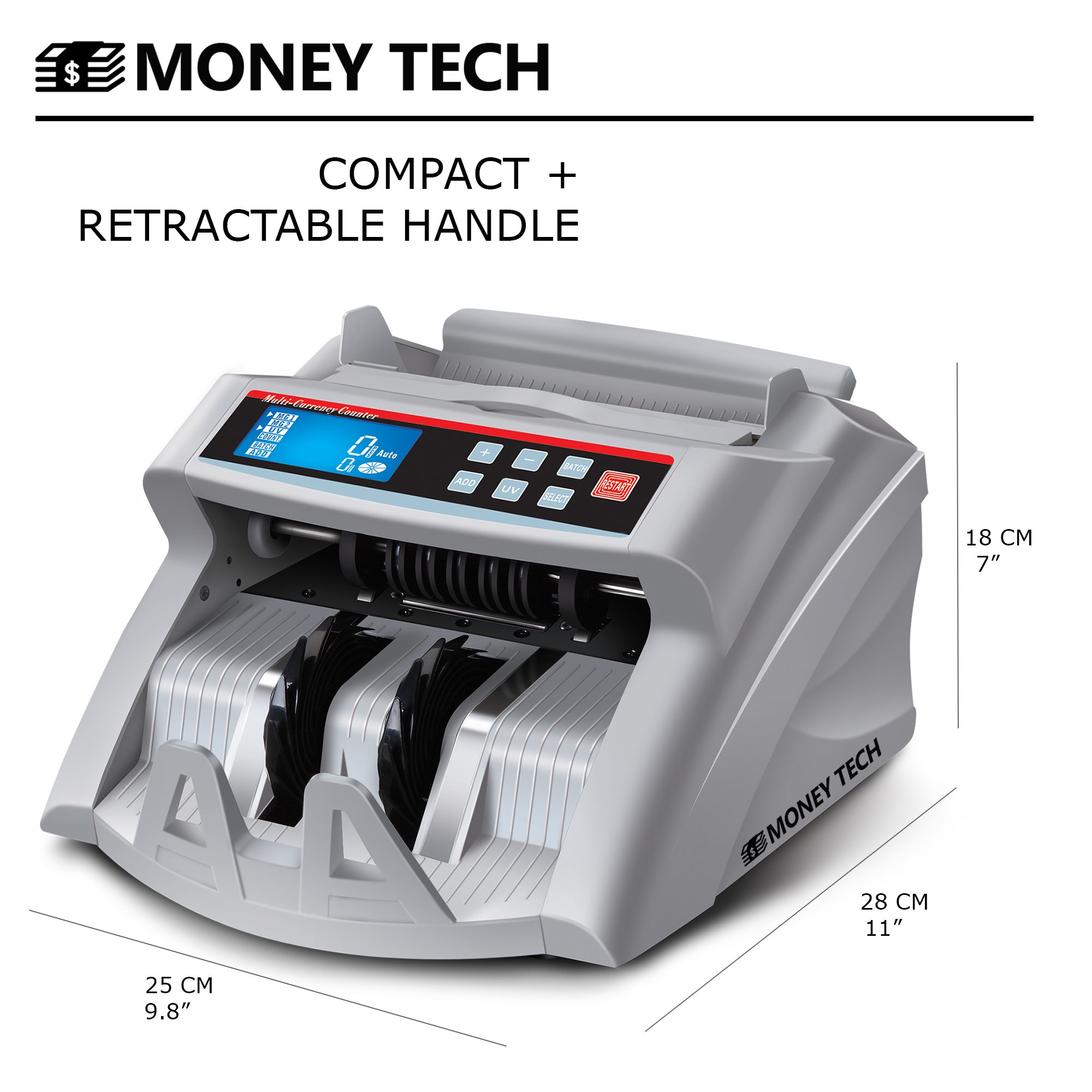 Money Tech Polymer & Paper Multi-Currency Bill Counter - Compact Cash Counting Machine for USD & CAD with Counterfeit Detection & LCD Display | Perfect for Banks, Retail Stores & Small Businesses