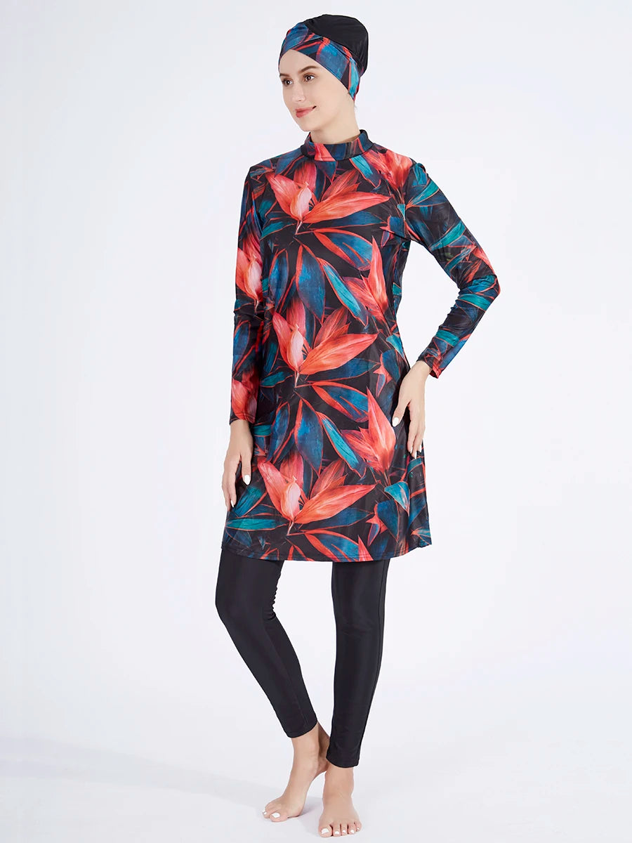3PCS Women's Printed Hijab Long Sleeve Burkini Swimwear Set - Modest Swimwear for Muslim Women - Perfect for Beach, Pool & Water Sports