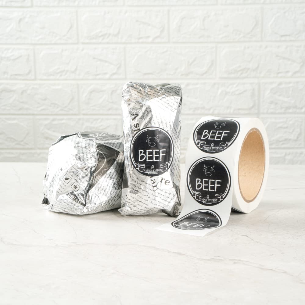 Restaurantware Label Tek 2 Inch Tamper-Evident Stickers for Beef - 500 Rolled Tamper Seal Stickers with Chalkboard Design | Safe Food Delivery | Black Plastic Stickers with White Font | Ideal for Takeout Containers, Grocery Packaging & Food Safety Compliance
