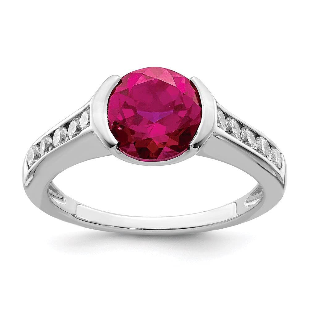 925 Sterling Silver Rhodium-Plated Synthetic Ruby & CZ Bezel Ring for Women - Elegant Fashion Jewelry for Parties, Weddings & Everyday Wear | Diamond2Deal