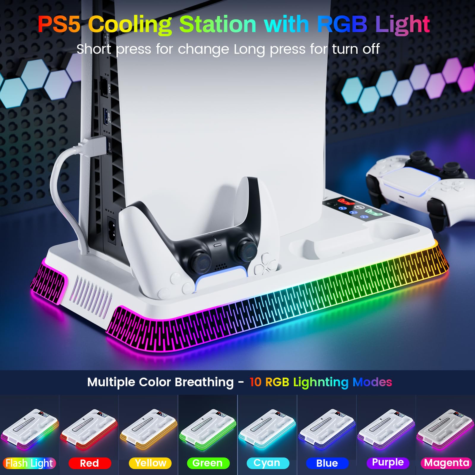 PS5 Cooling Stand with RGB Lights & Turbo Fan - Dual Charging Station & Headset Holder for PlayStation 5 Digital/Disc Edition - Vertical Gaming Stand with 3-Speed Cooling System - Perfect for Long Gaming Sessions & Console Protection