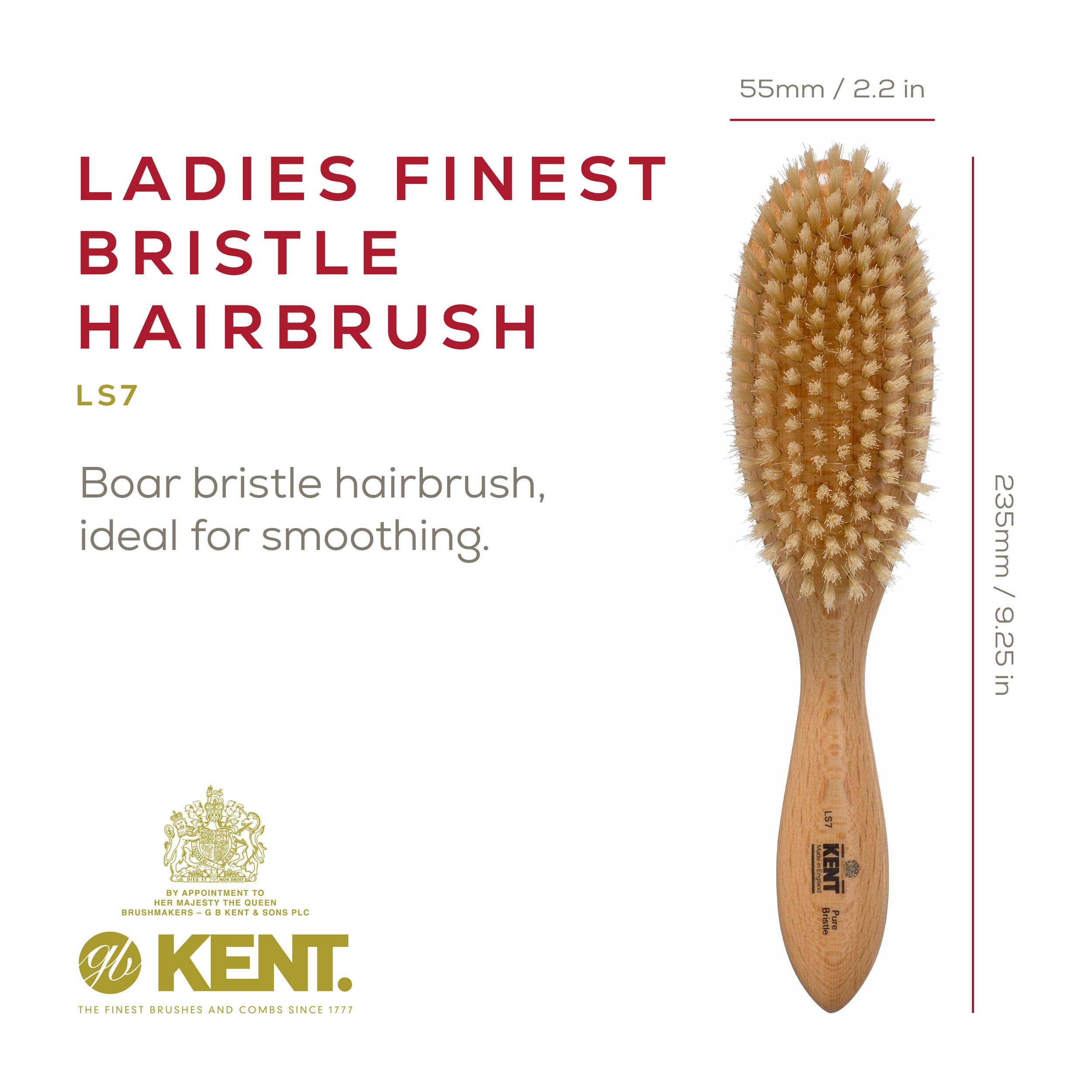 Kent Brushes Finest Oval Satin Wood White Bristle Hair Brush for Women - Perfect for Styling, Detangling & Smoothing Hair at Home or Salon