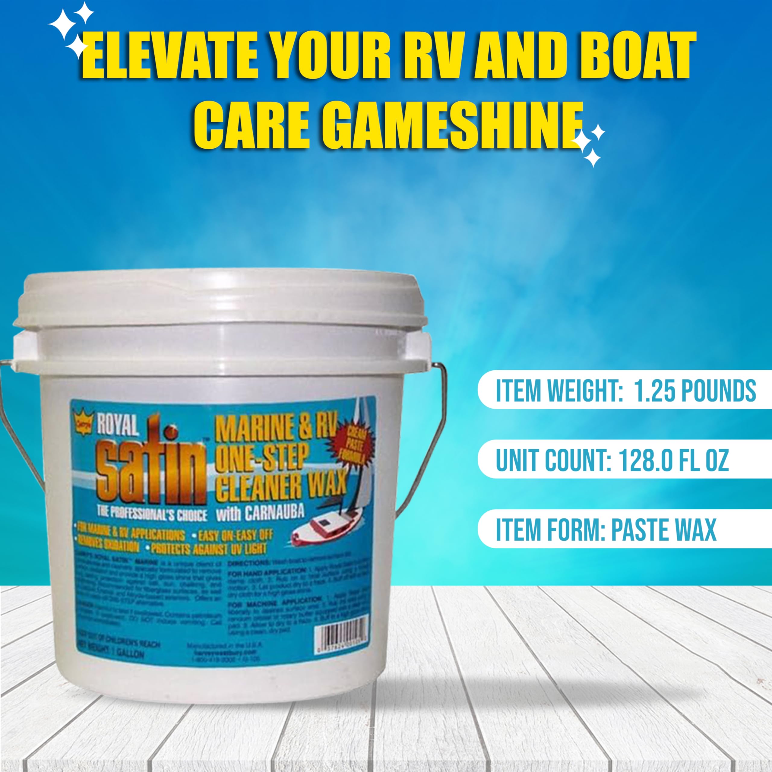 Garry's Royal Satin Marine & RV ONE STEP Cleaner Wax (1 Gallon) - Premium Boat & RV Polish for Shine & Protection - Ideal for Boats, RVs, Trailers & Fiberglass Surfaces