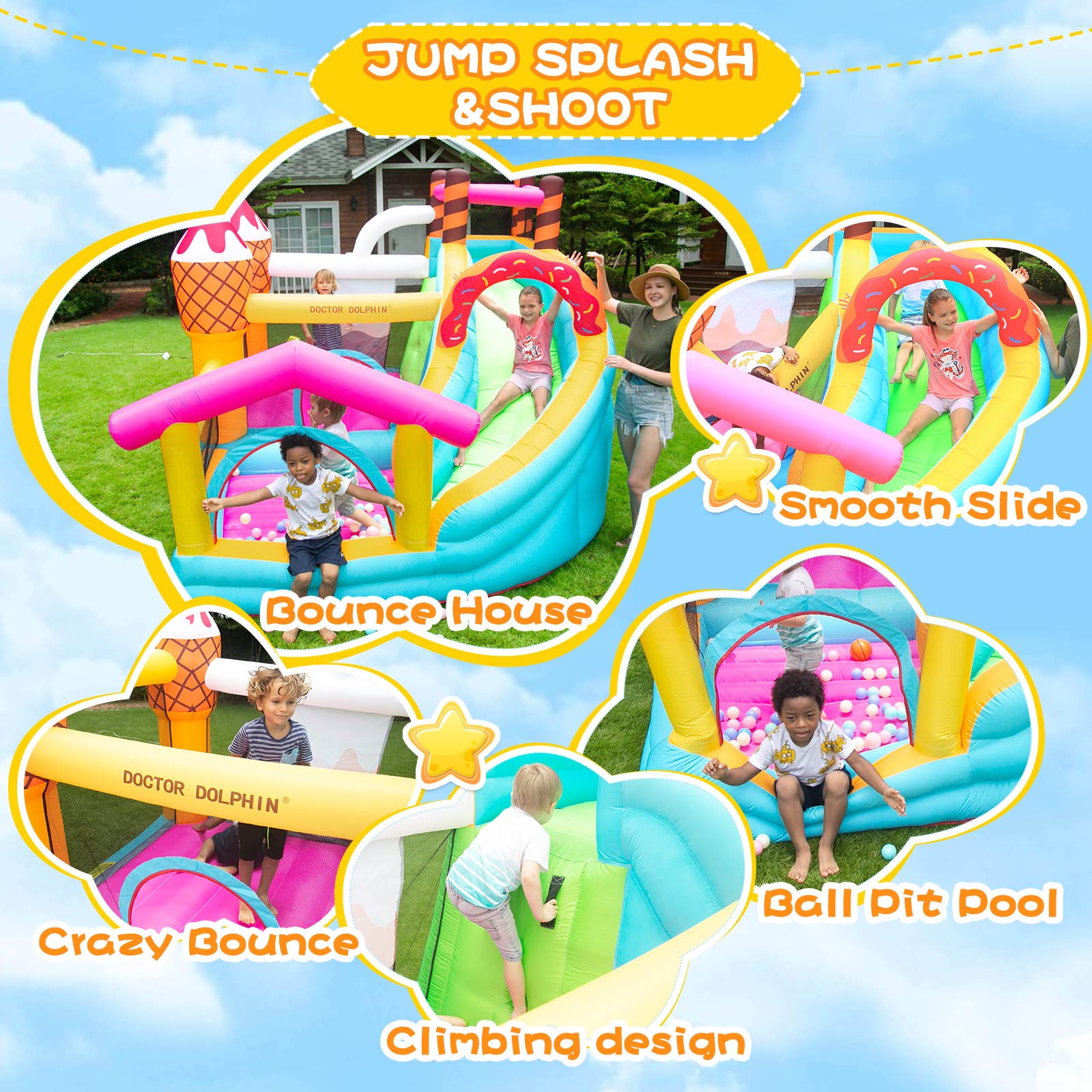 **Doctor Dolphin Inflatable Bounce House for Kids - Large Indoor/Outdoor Jumping Castle with Slide - 450W Blower Included - Perfect for Birthday Parties, Backyard Fun & Playtime Gifts**