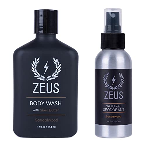 ZEUS Body Wash with Shea Butter & Natural Deodorant Body Spray Combo Pack - Sandalwood Scent for Men, Hydrating & Odor Protection, Gym & Post-Workout Shower Essentials