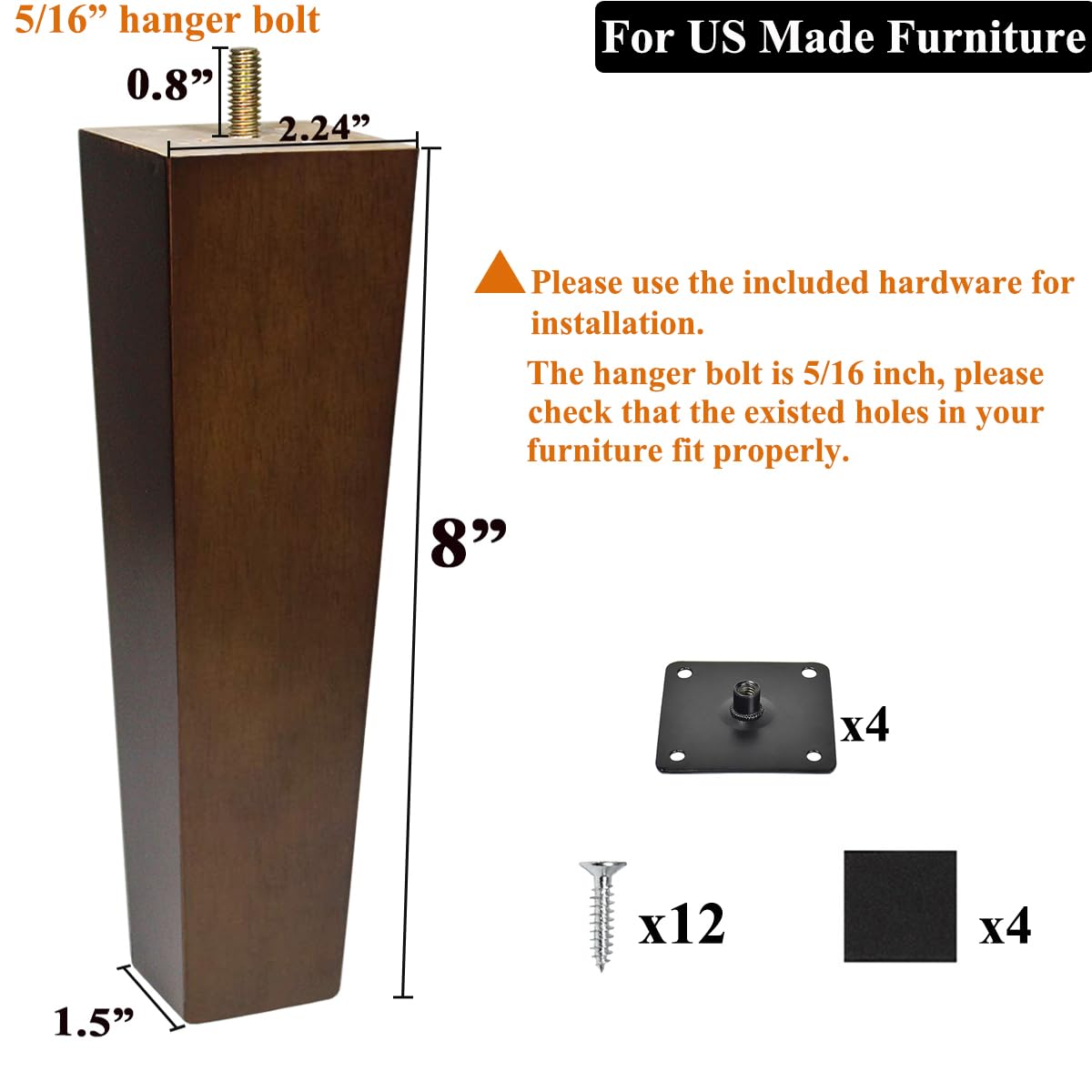 AORYVIC 8 Inch Square Wood Furniture Legs Set of 4 - Brown Replacement Sofa Legs for MCM Ottoman, Armchair, Recliner, Coffee Table & Dresser - Perfect for Mid-Century Modern Home Decor & DIY Furniture Upgrades