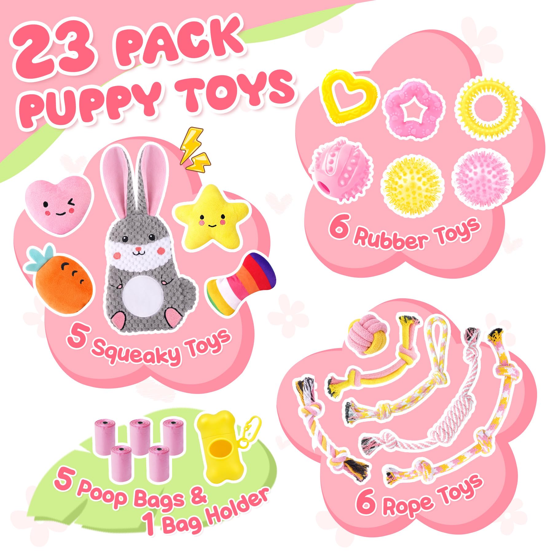 Zeaxuie 23 Pack Pink Puppy Chew Toys for Teething Small Dogs - Cute Squeaky Dog Toys, Treat Ball & Interactive Rope Toys for Puppy Training & Playtime | Perfect for Indoor & Outdoor Fun