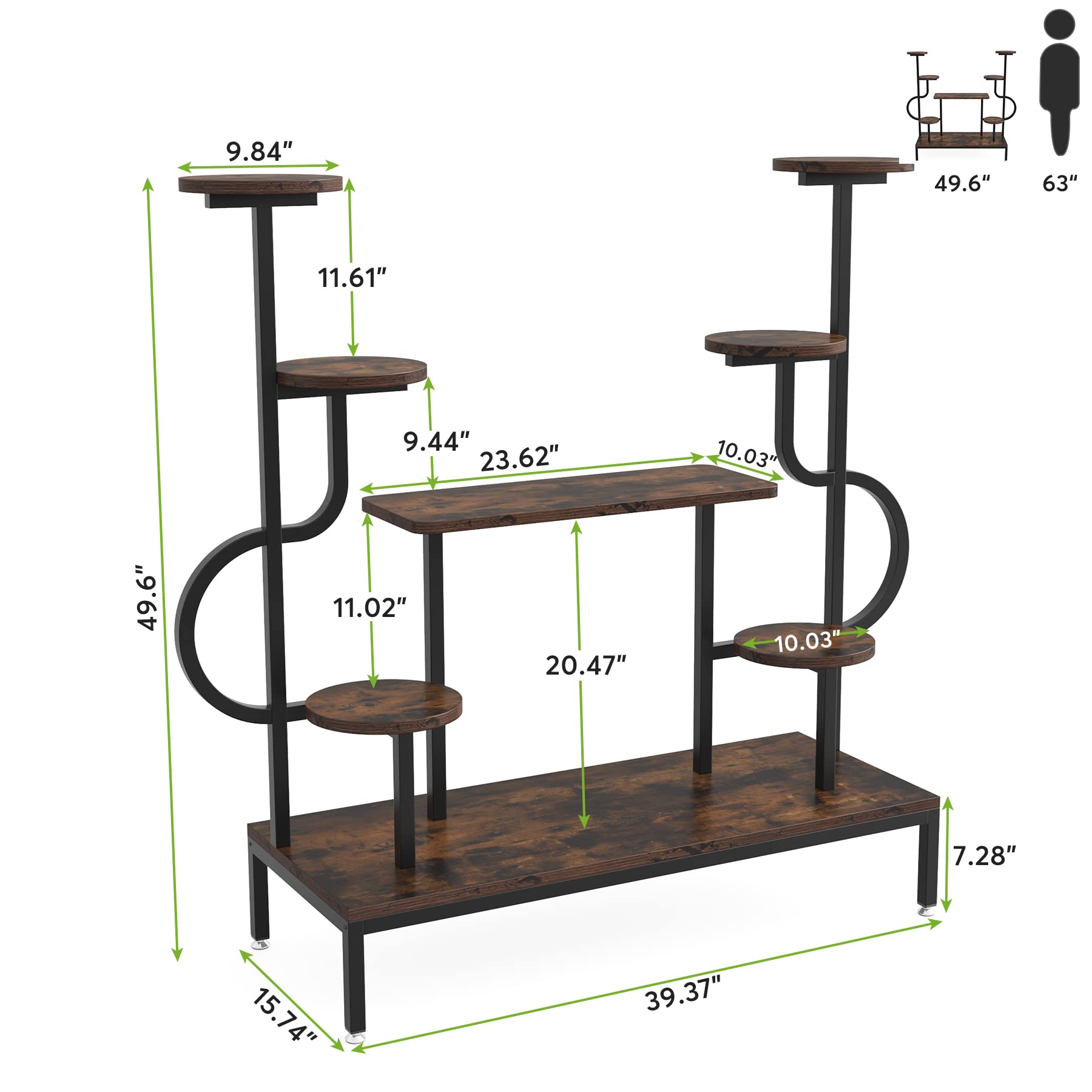 Tribesigns 8-Tier Metal Plant Stand - Tall Indoor/Outdoor Plant Shelf with Round & Square Boards for Multiple Plants - Rustic Brown & Black Flower Rack for Living Room, Patio, Balcony - Perfect for Home Decor, Garden Display & Small Space Organization