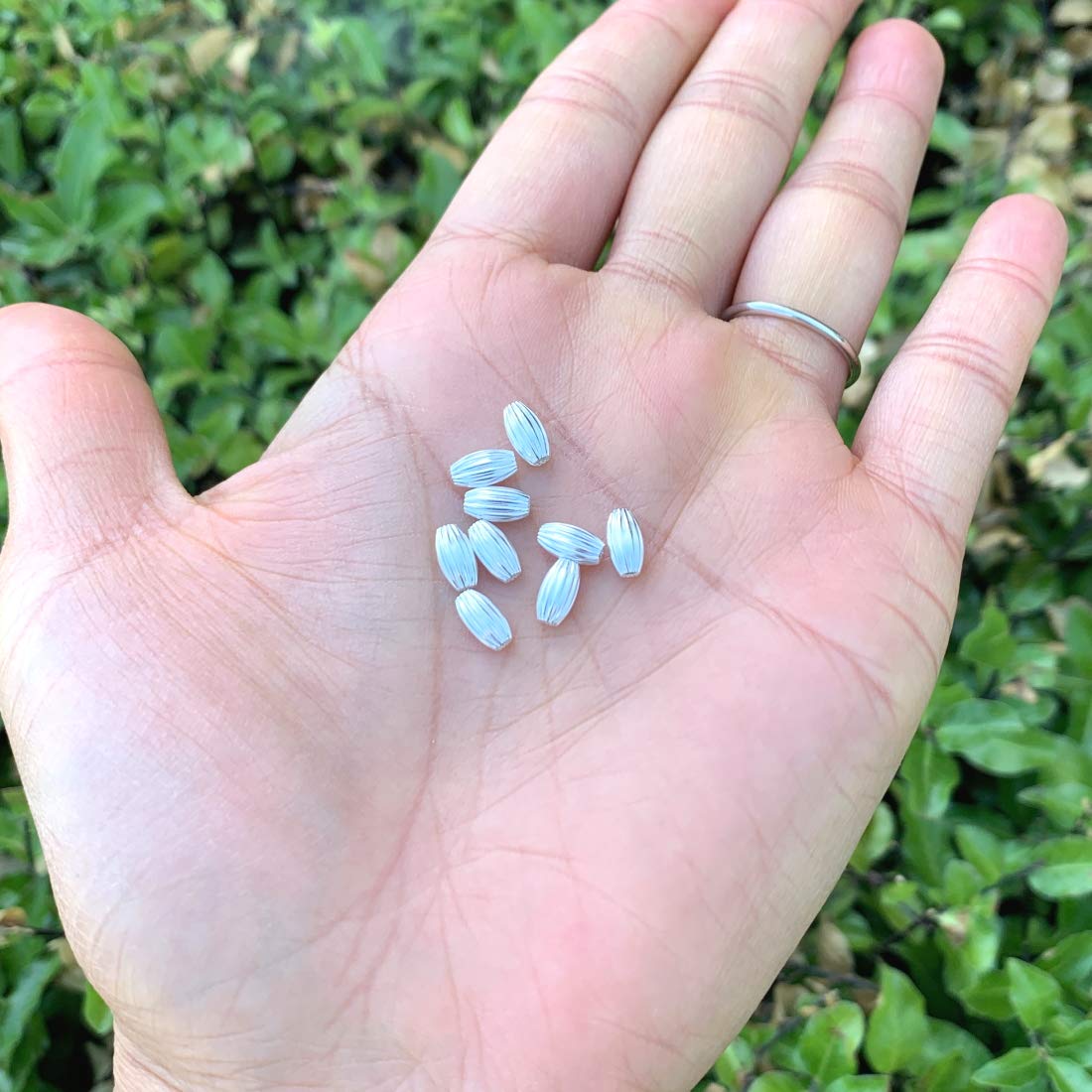 100pcs Silver Plated Brass Corrugated Oval Melon Beads 7mm x 4mm - DIY Jewelry Making Supplies for Bracelets, Necklaces & Crafts - Perfect for Boho, Handmade & Fashion Jewelry Designs