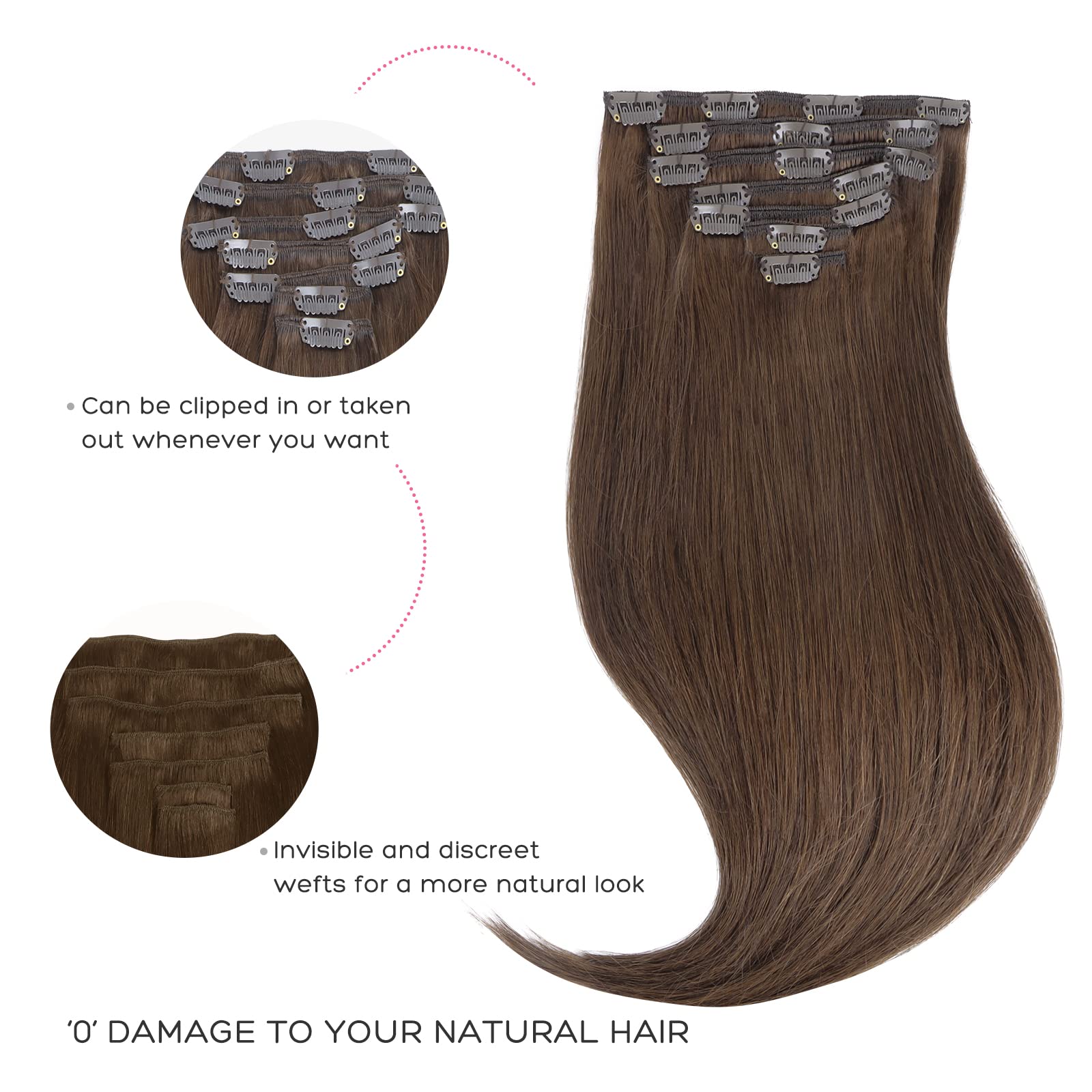 Marat Clip in Human Hair Extensions 20 Inch Straight Chocolate Brown 120g - Natural Look for Daily Wear, Parties & Special Occasions
