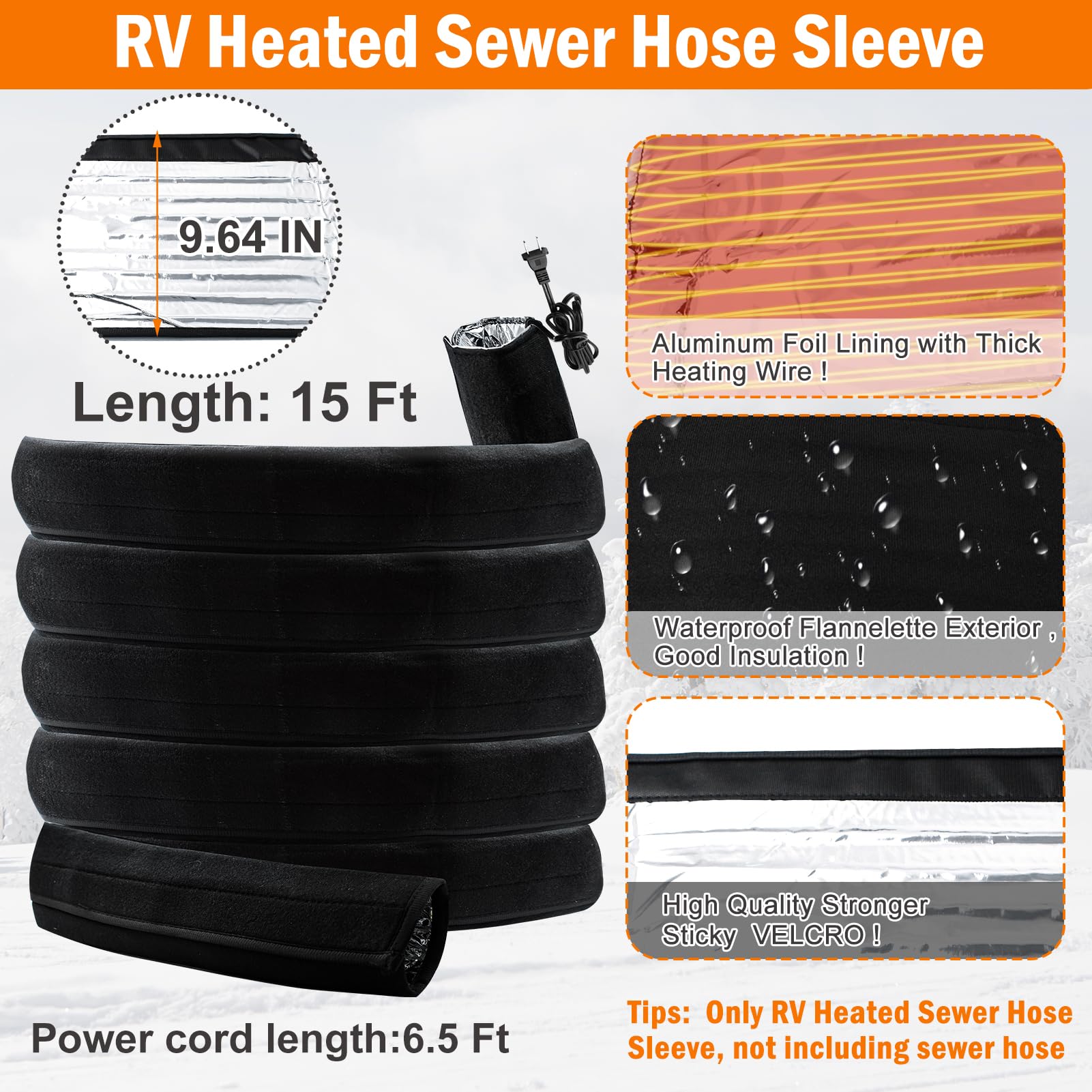 15Ft Heated RV Sewer Hose Cover - Insulated Winter Heating System for RV Campers