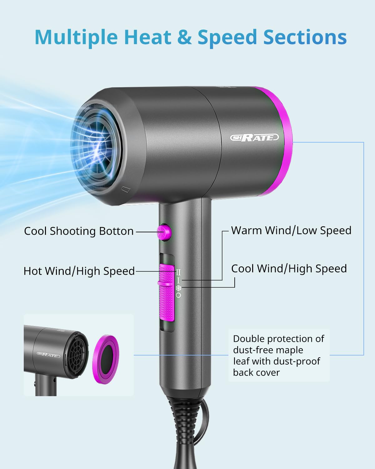 SHRATE Lightweight Ionic Hair Dryer with Diffuser - 1800W Fast Drying Blow Dryer - Professional Low Noise Travel Hair Dryer for Women & Men - Perfect for Home Use, Salon Styling, and Gifts