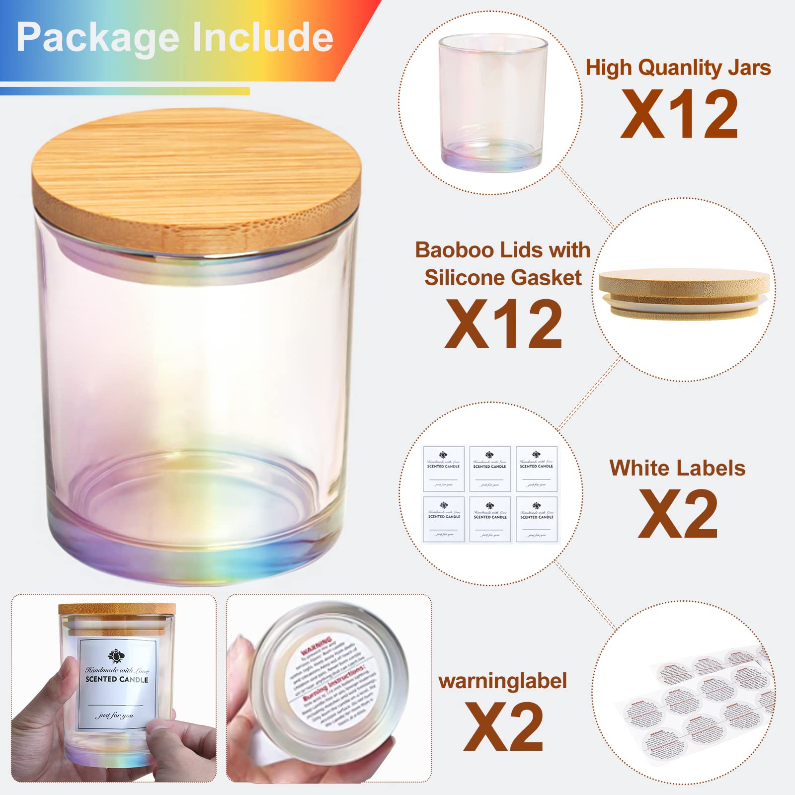 CONNOO 12 Pack 10oz Iridescent Glass Candle Jars with Airtight Bamboo Lids - Empty Candle Containers for DIY Candle Making, Dishwasher Safe - Perfect for Home Decor, Wedding Favors & Gift Packaging