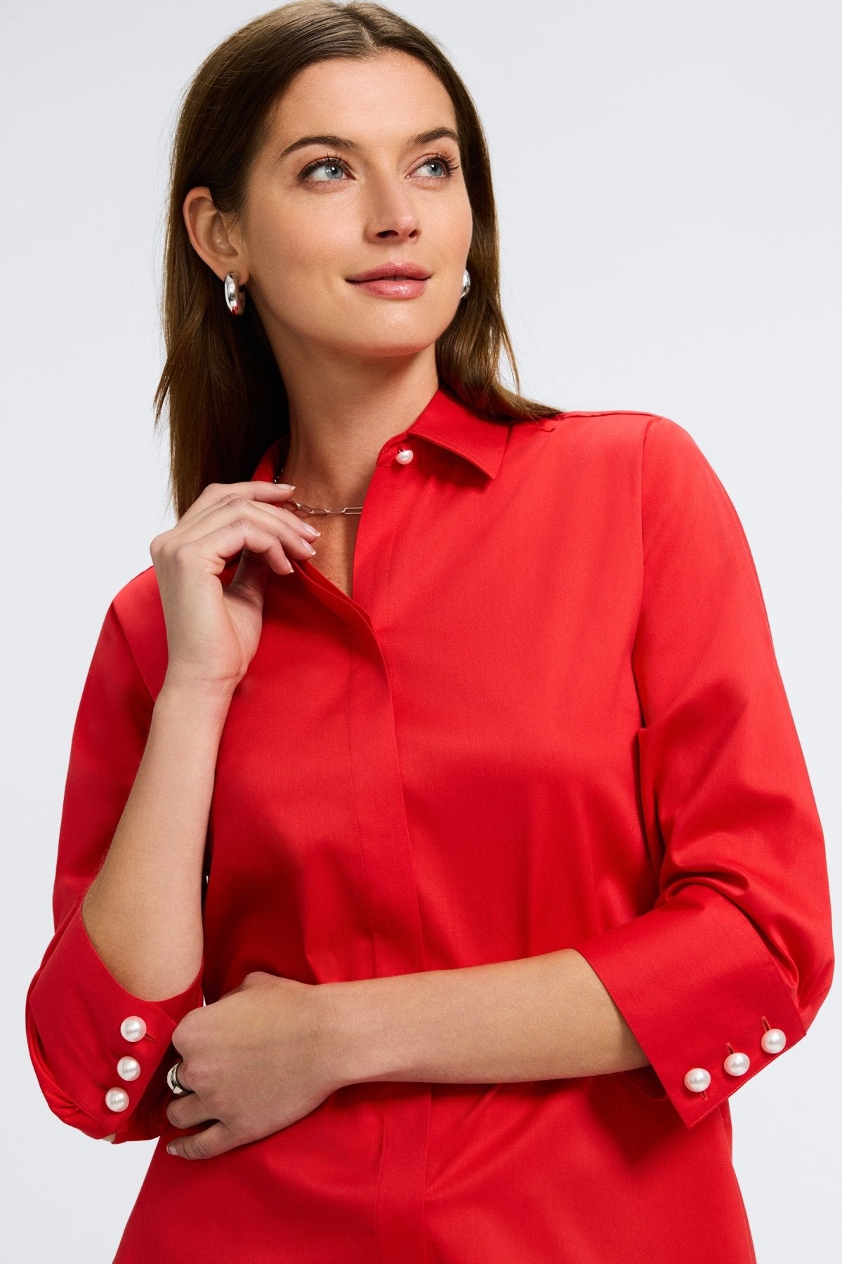 Pearl No Iron Stretch Matte Sateen 3/4 Sleeve Shirt for Women - Wrinkle-Free Comfort Blouse for Office & Business Casual Wear