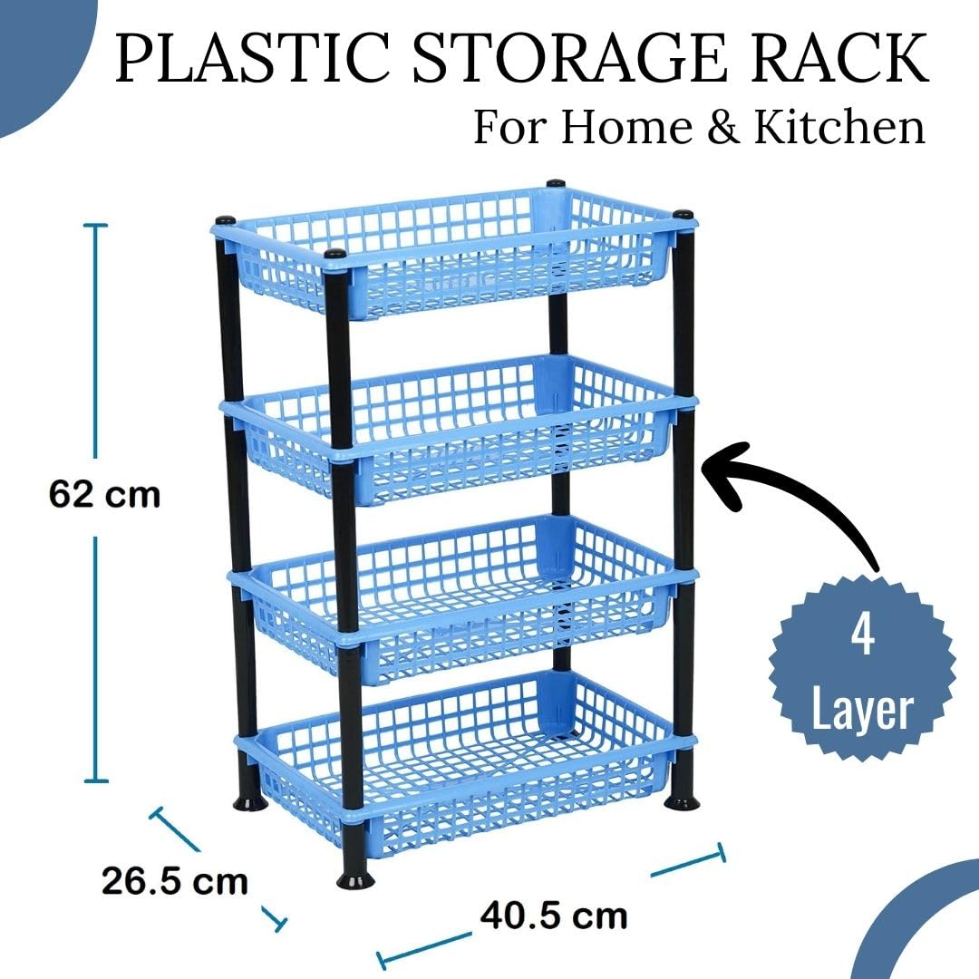 NABHYA Plastic 4-Tier Multipurpose Basket Stand Rack for Fruits & Vegetables - Space-Saving Storage Organizer for Kitchen, Pantry, or Garage (Blue, EZEE Rack)