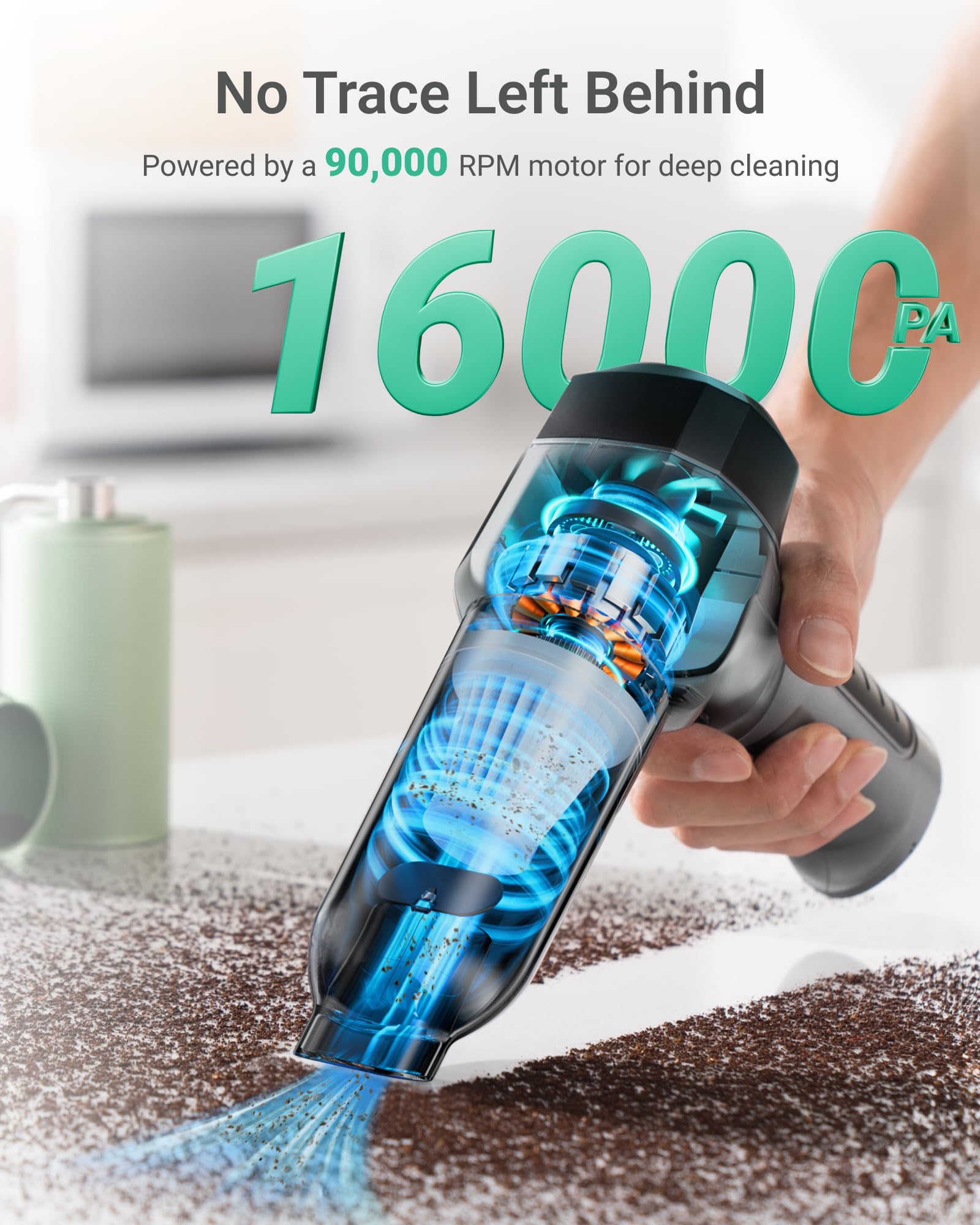 Cordless Handheld Vacuum Cleaner & Air Duster - 16000Pa Strong Suction, 3-Speed Adjustable, 8 Attachments, Ultra-Light 1lb Portable - Perfect for Car Cleaning, Home Quick Cleanups & Computer Dusting