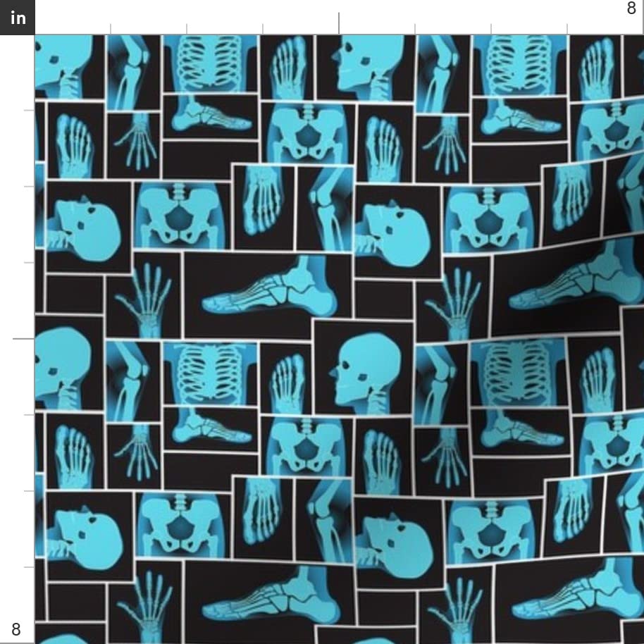 Hip Bone Blue Black Skeleton Bones X-Ray Print Satin Fabric by The Yard - Halloween Doctor Medical Costume Material, Sewing Lining for Apparel, Fashion Blankets & Home Decor