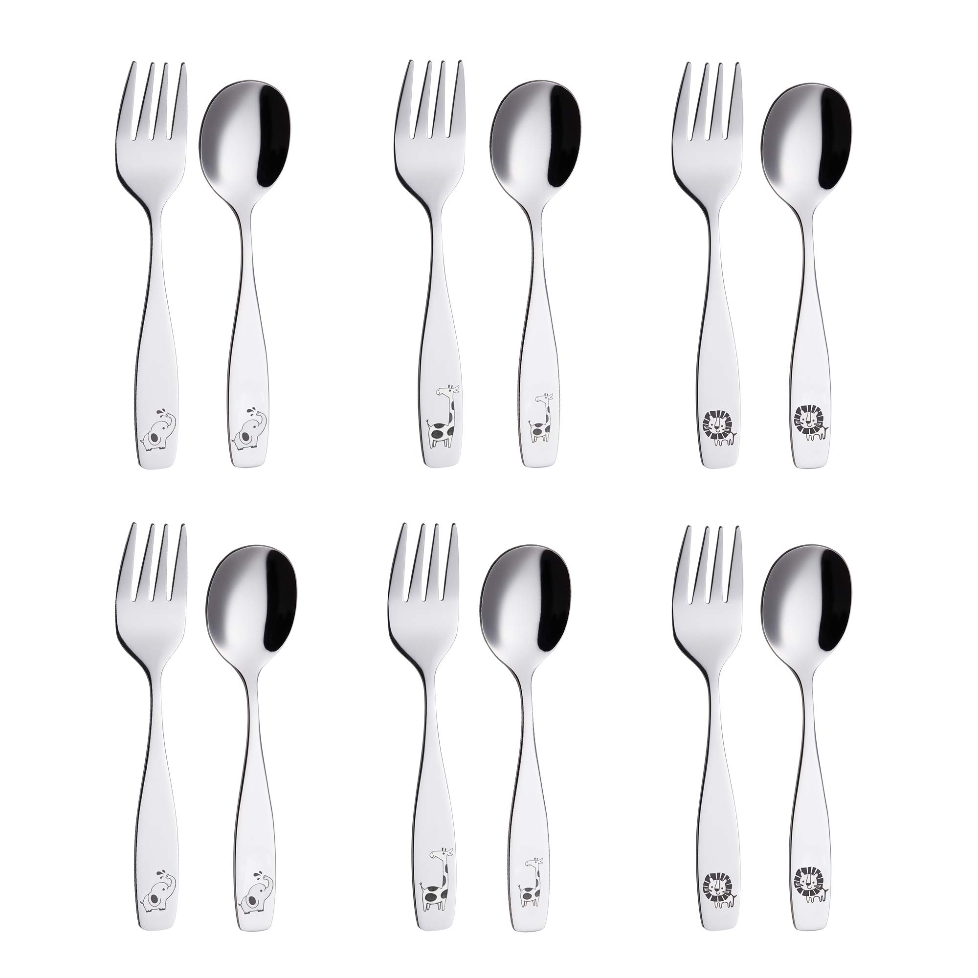 ANNOVA 12-Piece Kids Silverware Set - Stainless Steel Toddler Utensils with 6 Forks & 6 Spoons, Safe Children's Flatware for Lunchbox (Safari Animals Design - Elephant, Giraffe, Lion) - Perfect for School, Travel, and Everyday Meals